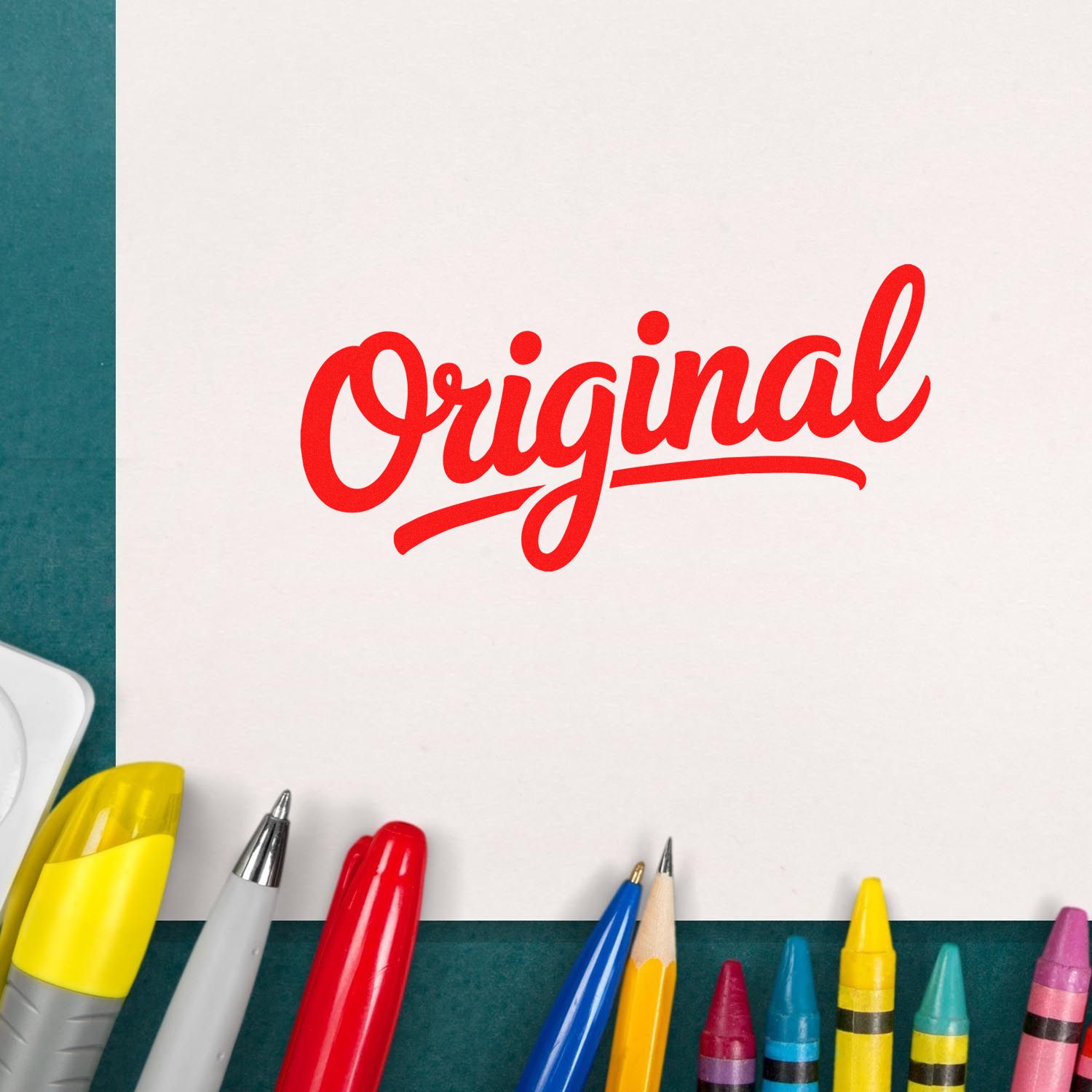 Red Original stamp seal on white paper, framed by colorful pens and markers on a teal background.