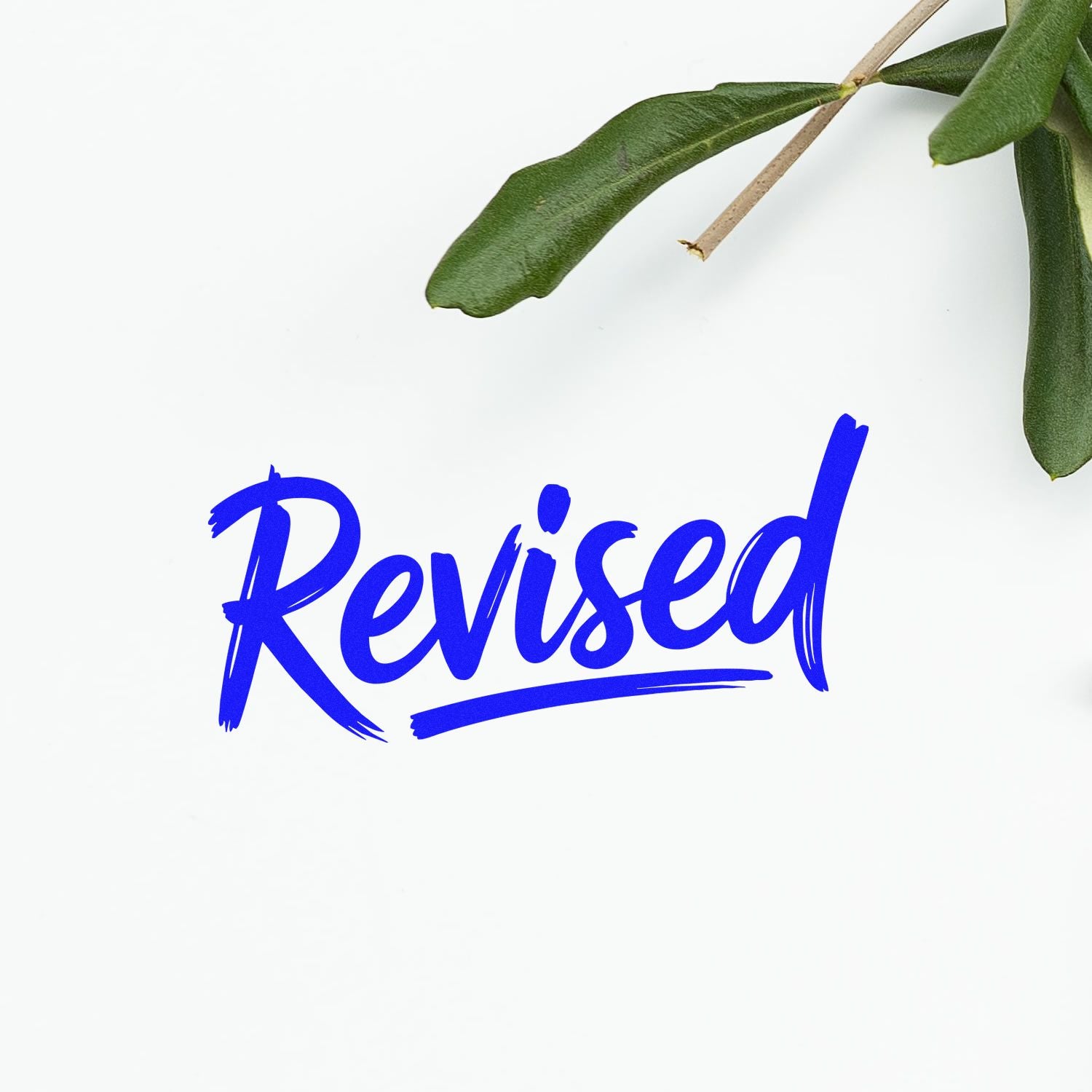 Blue Revised rubber stamp seal on white paper with green leaves at the top edge
