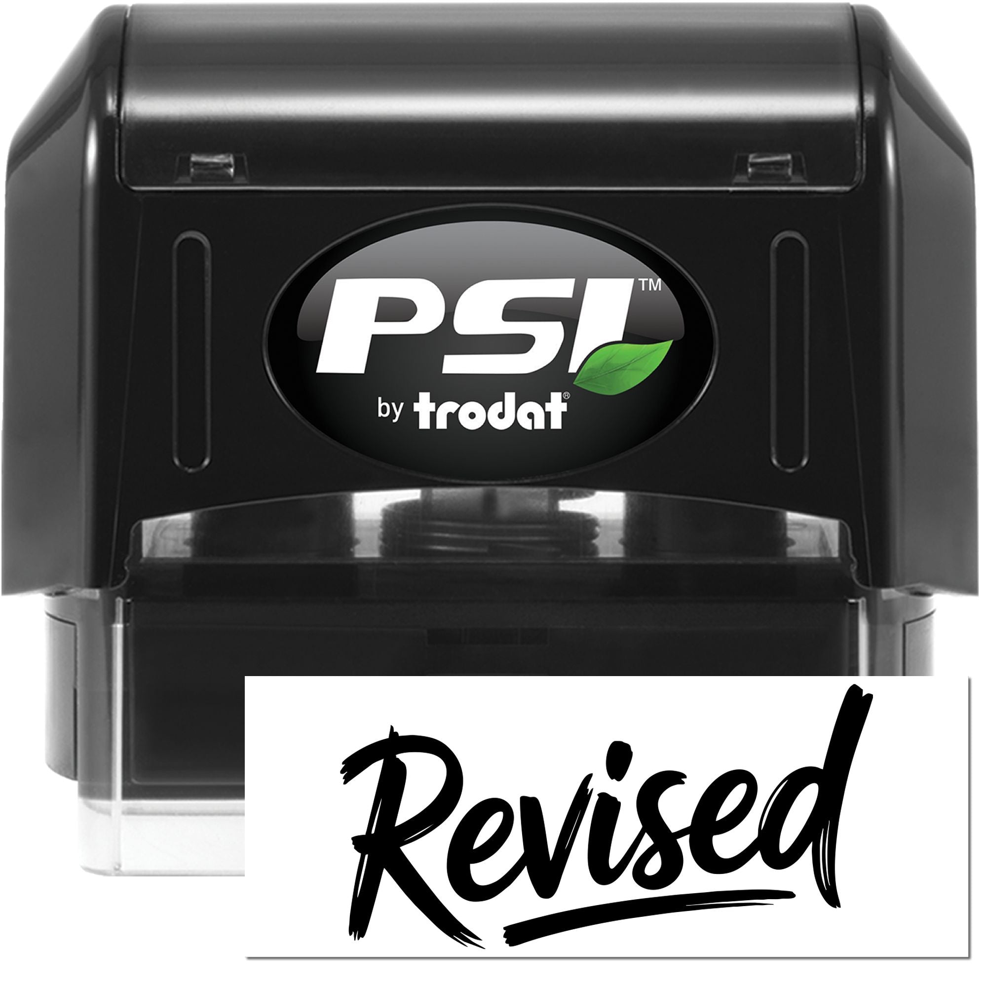 Black PSI by Trodat self-inking stamp and seal with clear base, displaying Revised in bold black script.
