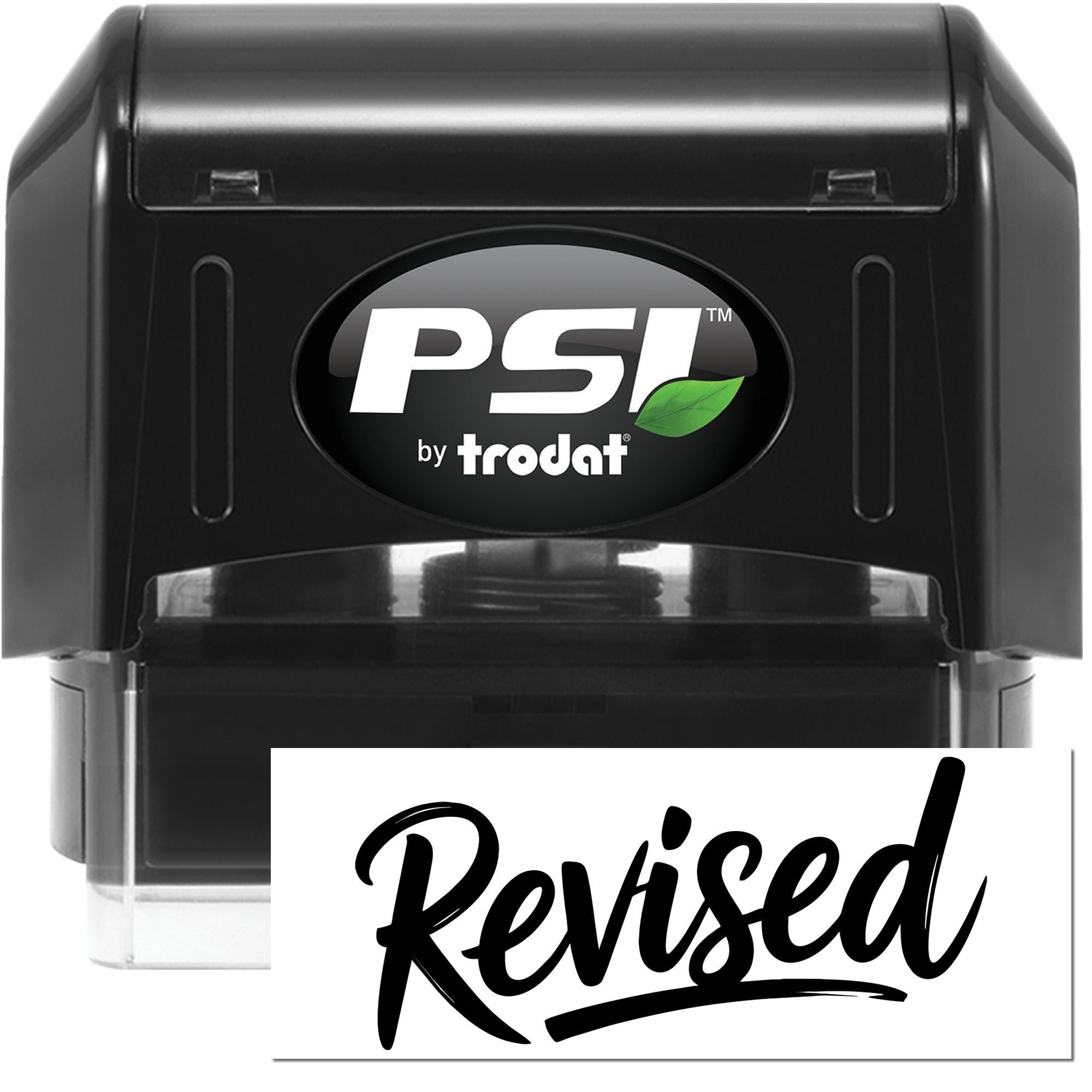 Black PSI by Trodat self-inking stamp and seal with green leaf logo and white Revised imprint