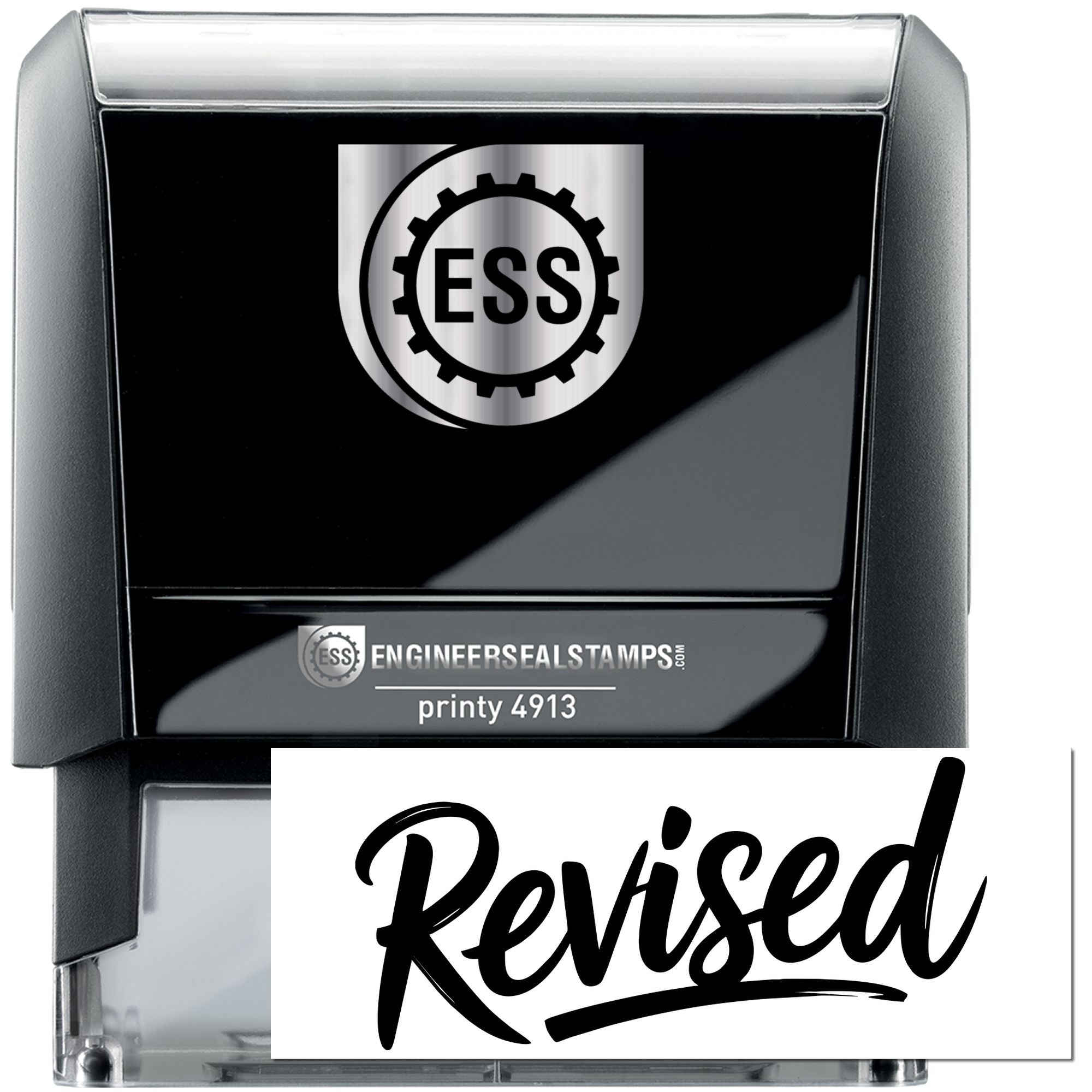 Black-and-silver ESS self-inking seal stamp, printy 4913, with gear logo and Revised imprint.