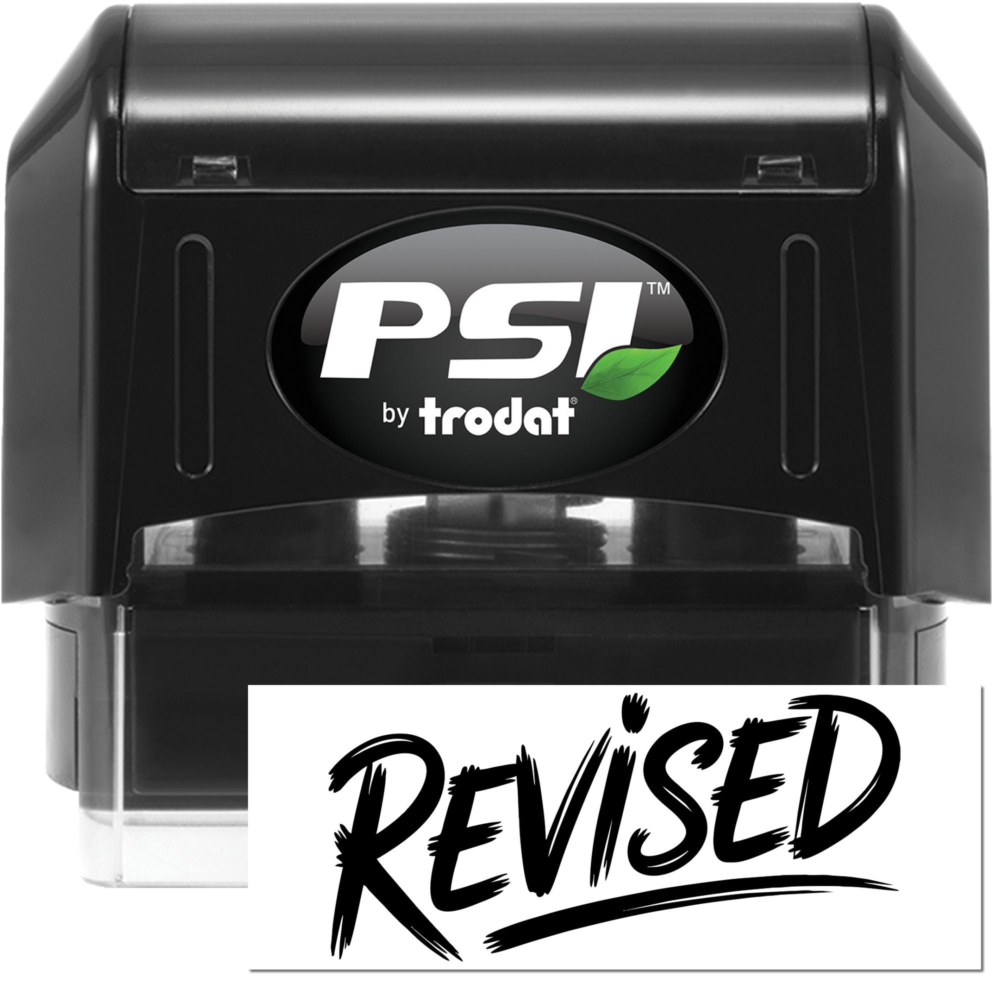 Black PSI by Trodat self-inking stamp and seal with green leaf logo, showing a bold black REVISED imprint.