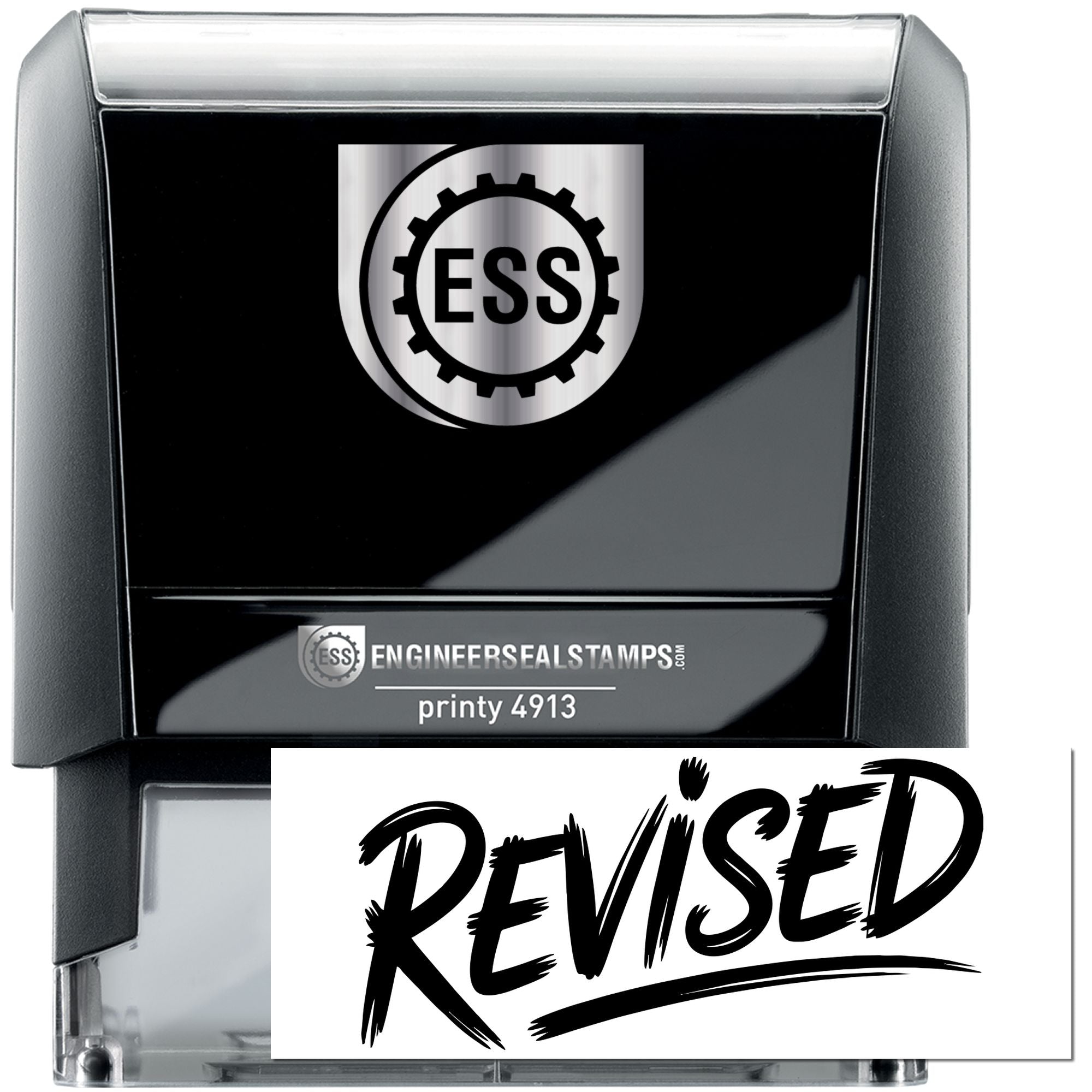 Black ESS engineer seal self-inking stamp with silver accents and Revised imprint.