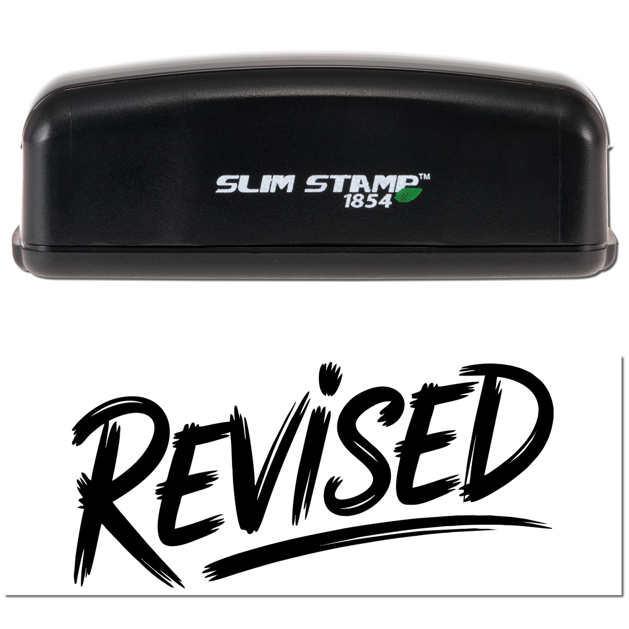 Black Slim Stamp 1854 self-inking stamp with green leaf logo above bold black REVISED seal text on white background.