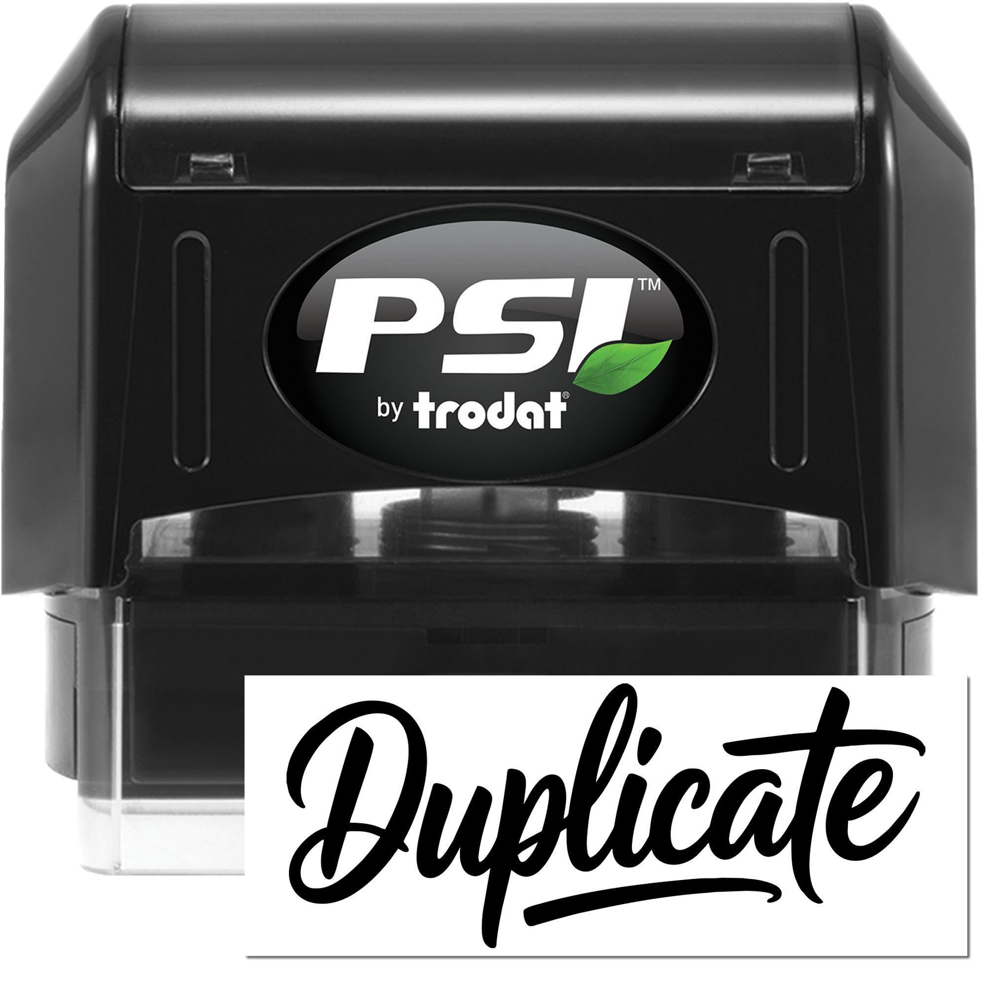 Black PSI by trodat self-inking stamp and seal with green leaf logo and white duplicate text card.