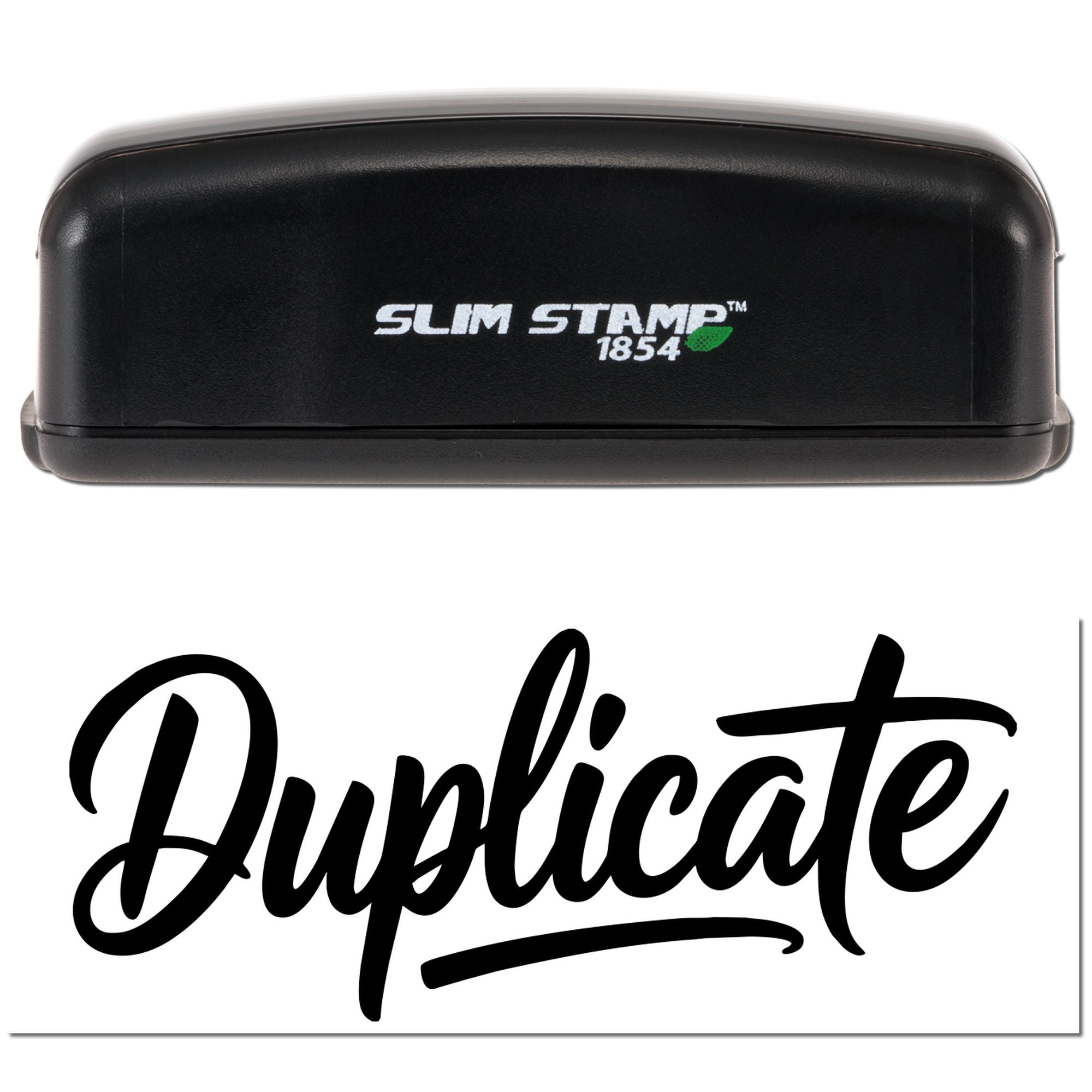 Black Slim Stamp 1854 self-inking duplicate stamp with bold black Duplicate seal impression on white background.