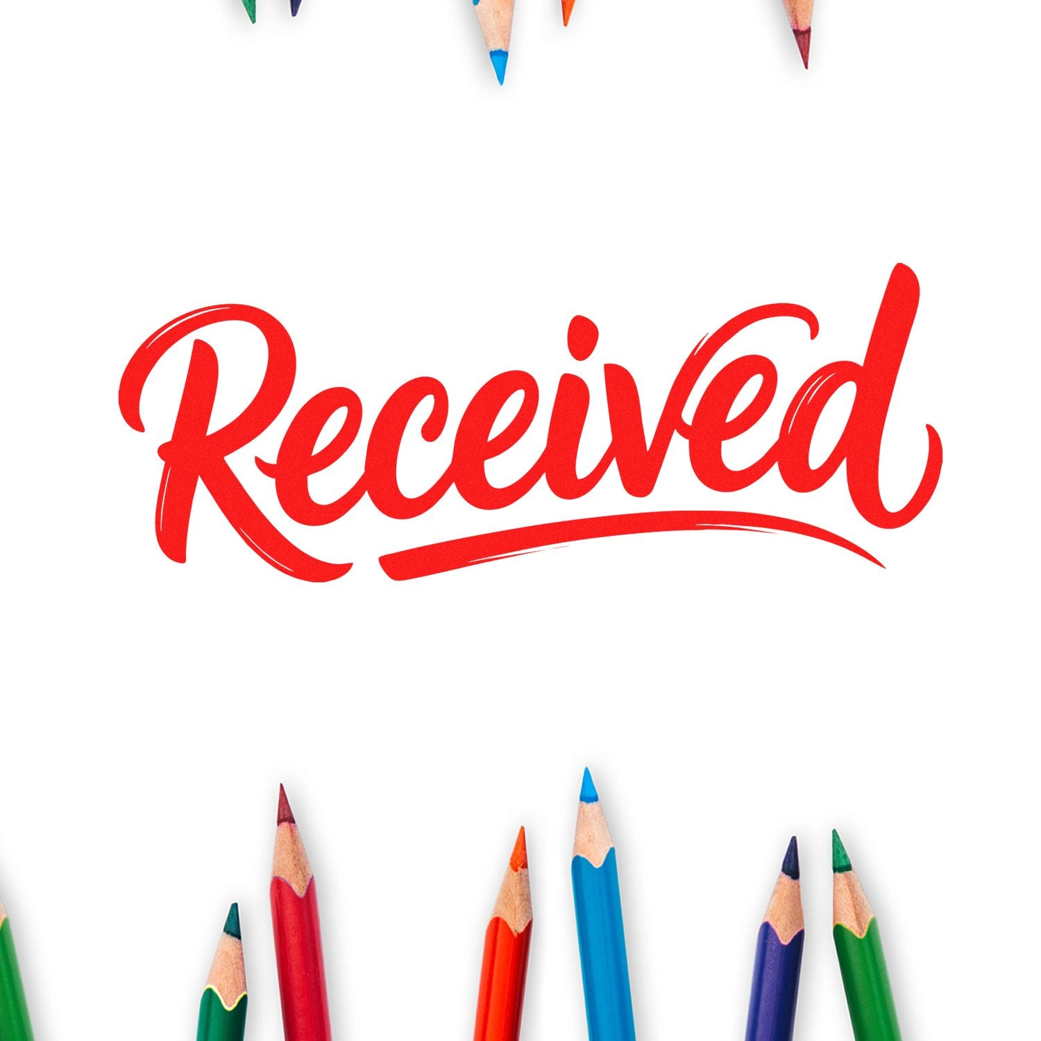 Red Received stamp and seal with colorful pencil tips on a white background.