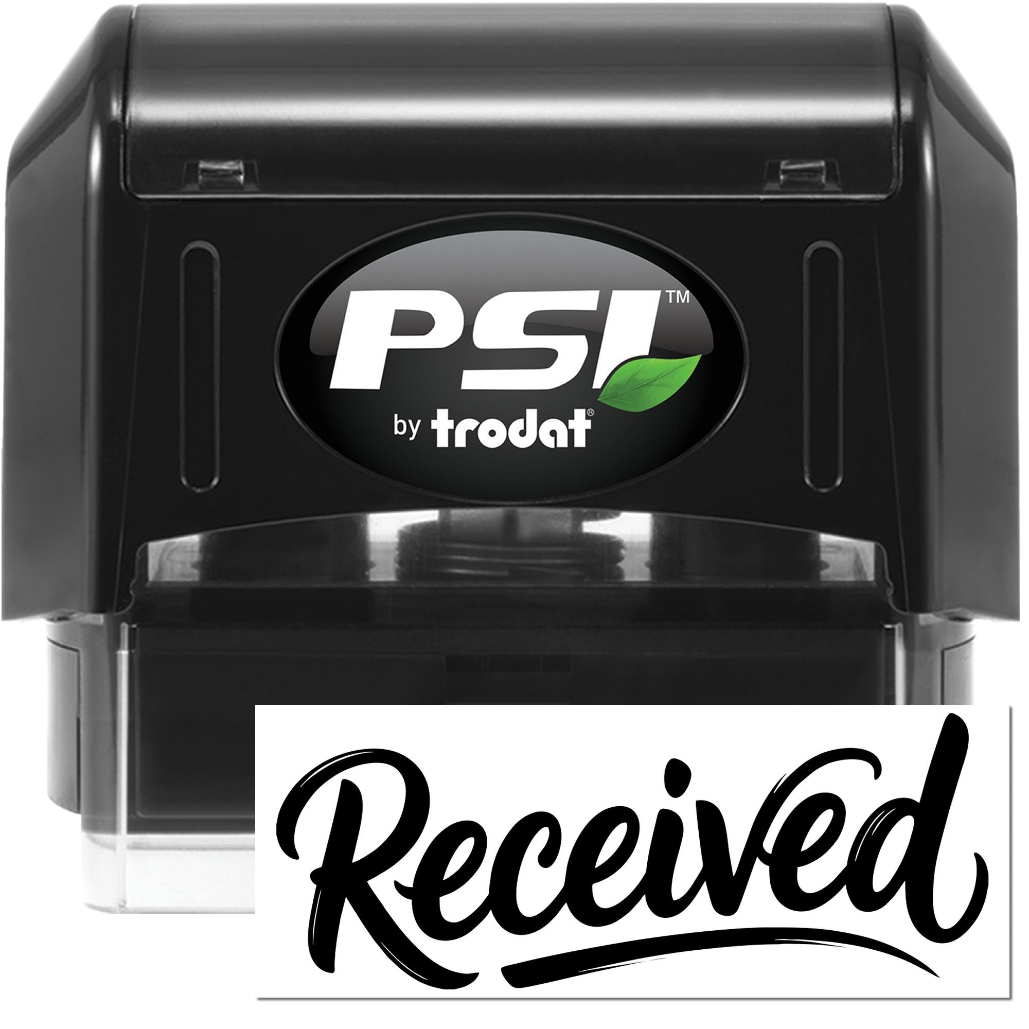 Black PSI by Trodat self-inking stamp and seal with white Received imprint and green leaf logo