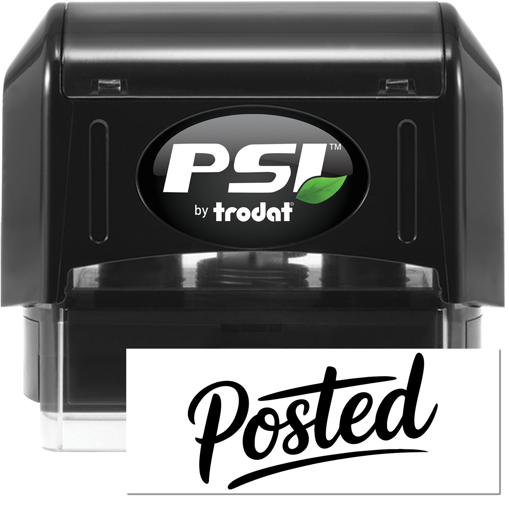 Black PSI by Trodat self-inking stamp and seal with clear Posted impression on white card.