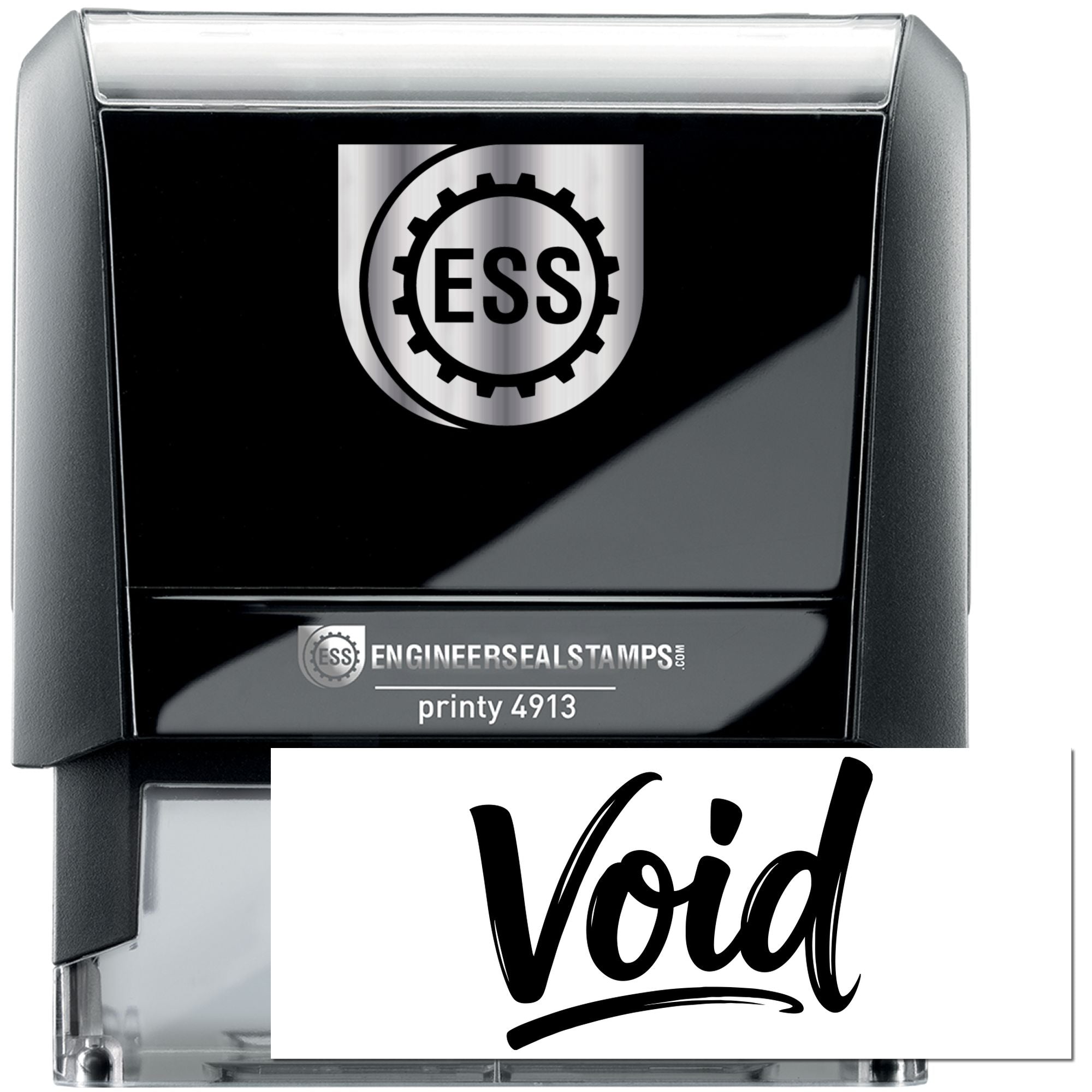 Black self-inking engineer seal stamp with silver ESS logo and Void impression