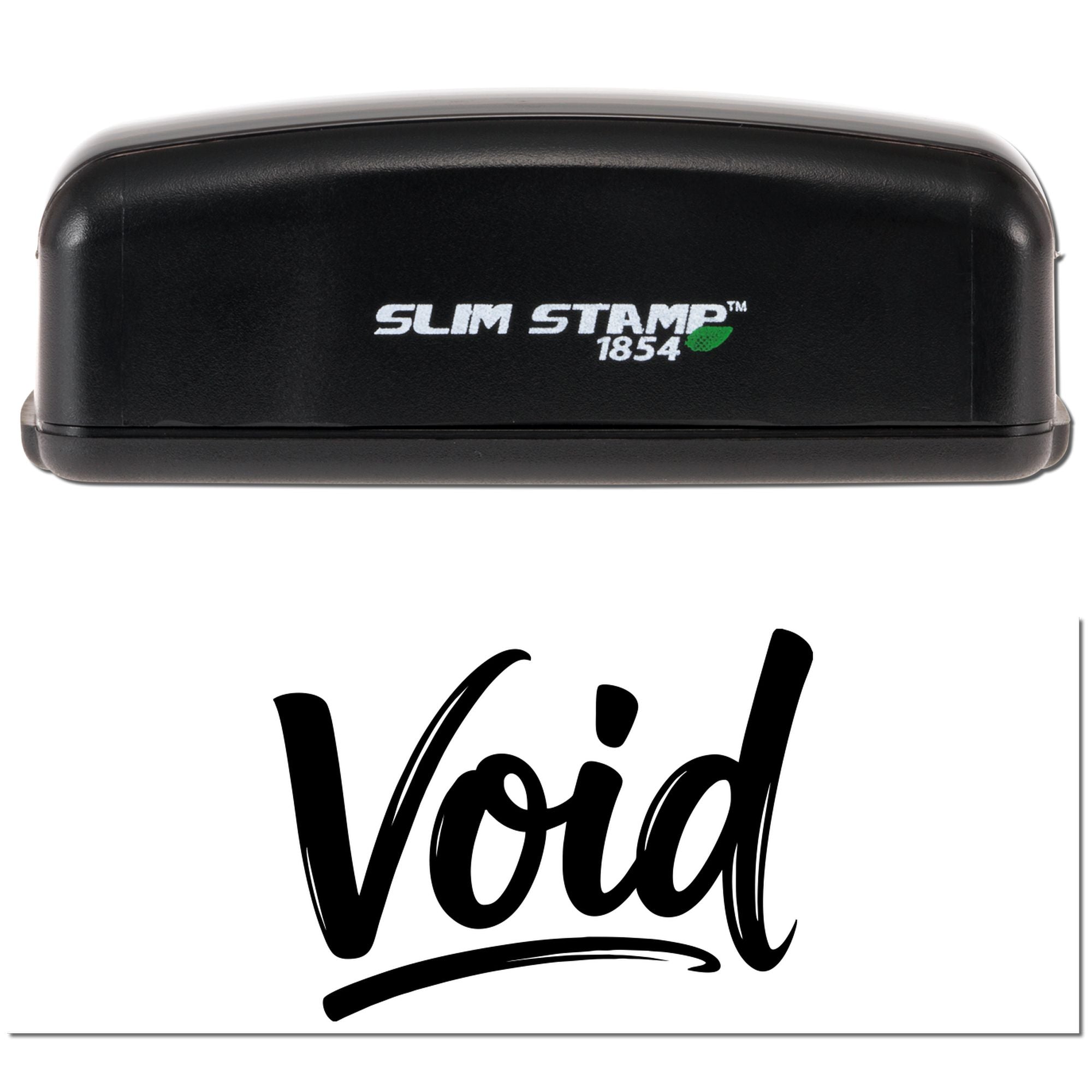Black Slim Stamp 1854 stamp and seal with green leaf logo, showing bold black Void imprint on white.