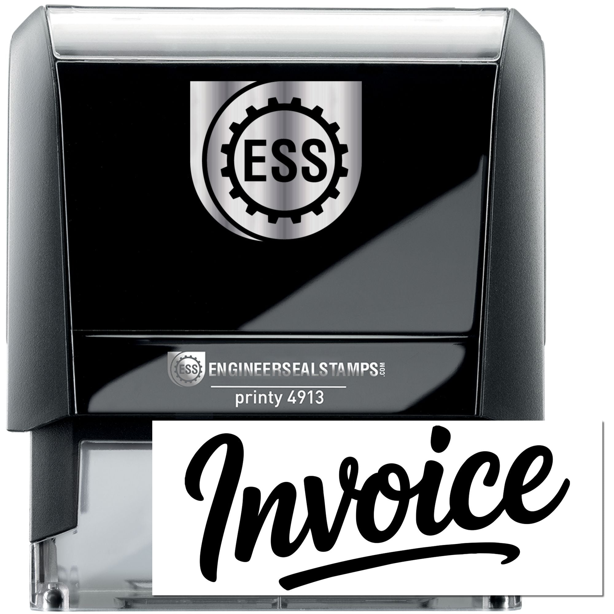 Black self-inking ESS stamp and seal with silver accents, showing Invoice in bold script on a white insert.