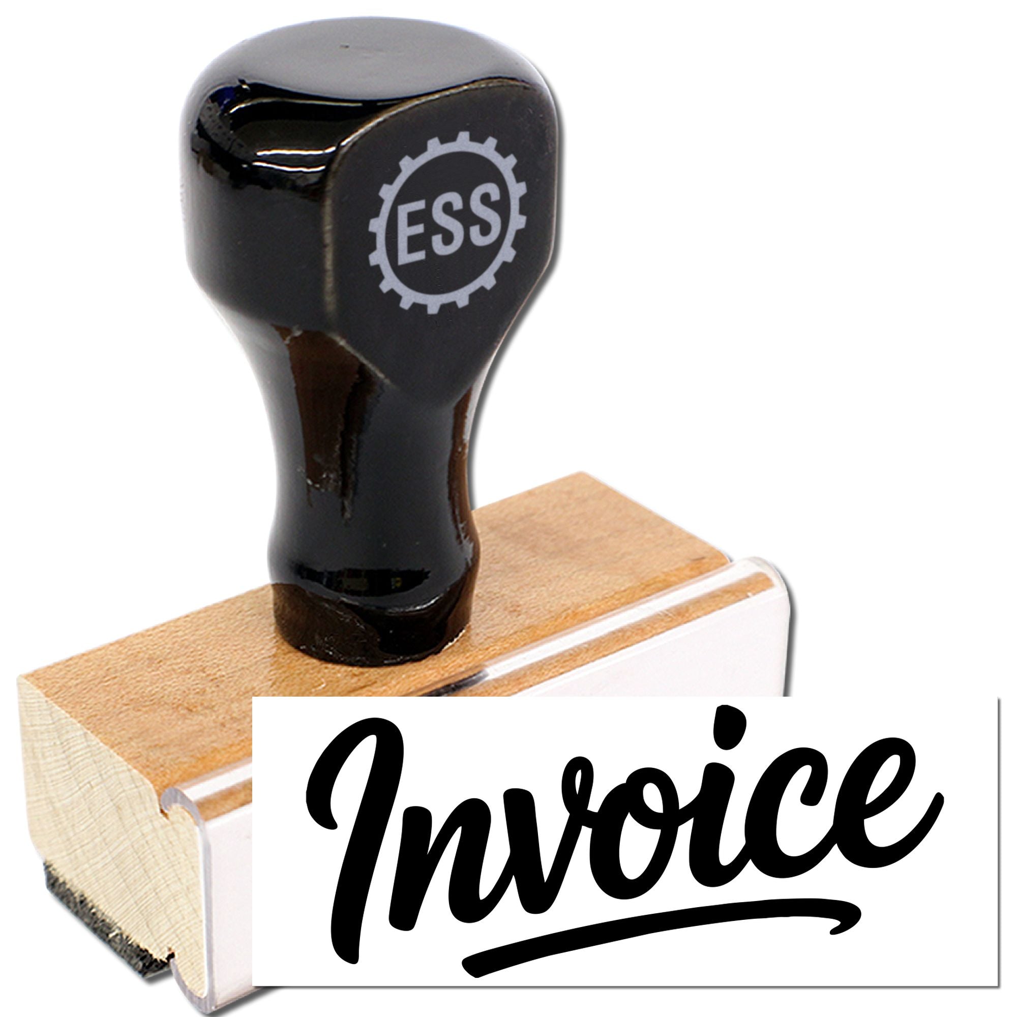 Black ESS rubber stamp on a wooden block, displaying an invoice seal for document marking