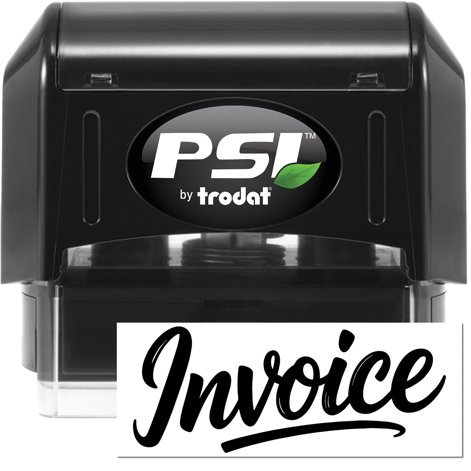 Black PSI by Trodat self-inking stamp and seal with clear window and white Invoice imprint.