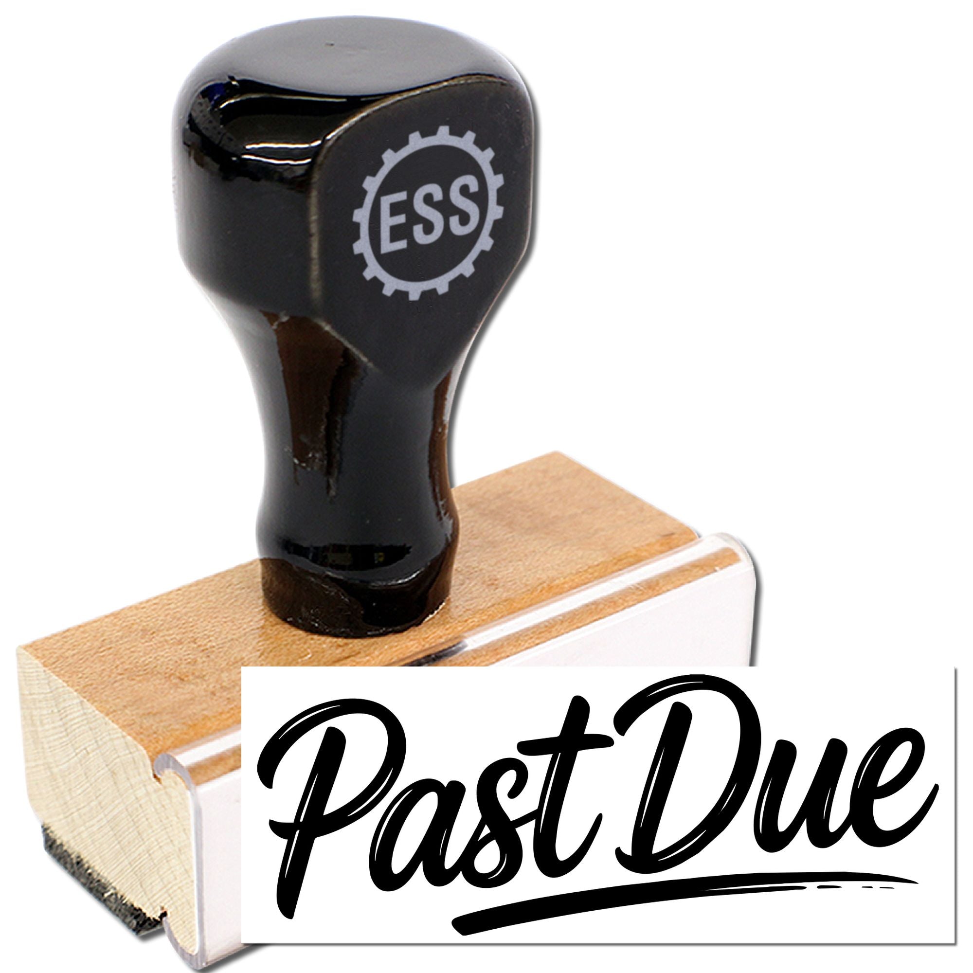 Black stamp and seal with ESS logo, making a bold Past Due impression on white card.