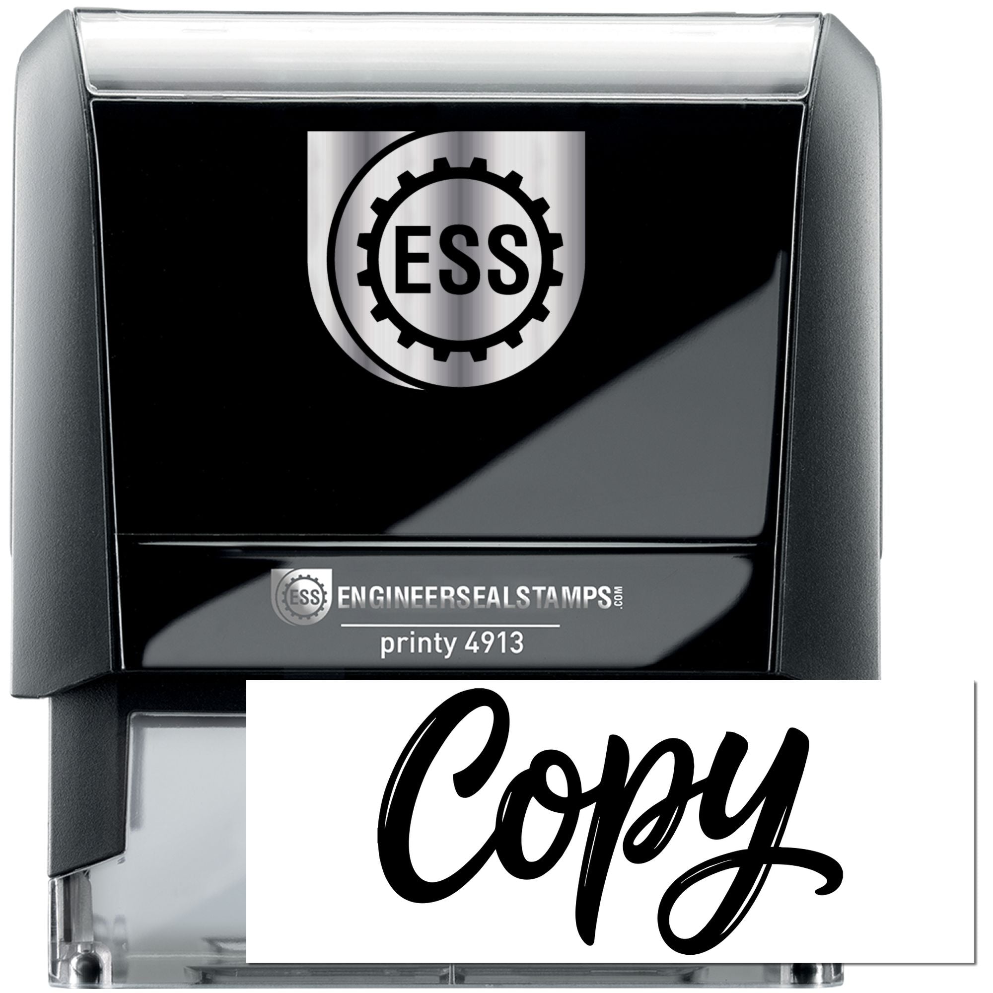 Black self-inking engineer seal stamp with silver ESS logo and white Copy imprint