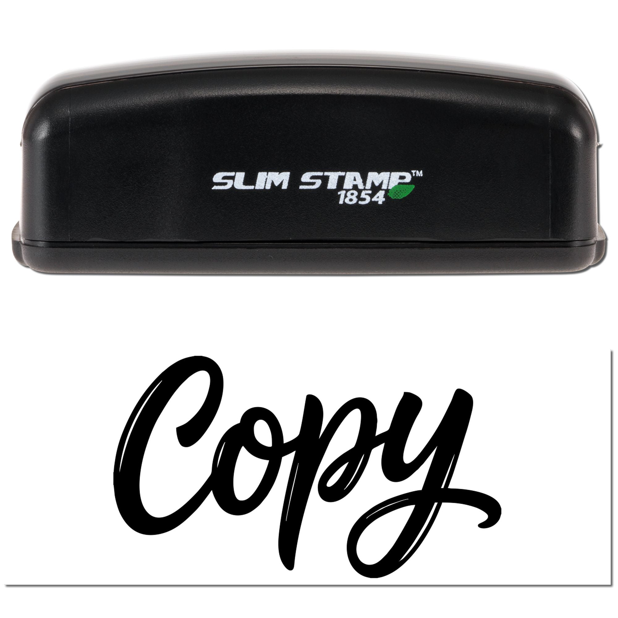 Black Slim Stamp 1854 self-inking stamp with green leaf logo and bold black Copy imprint on white background