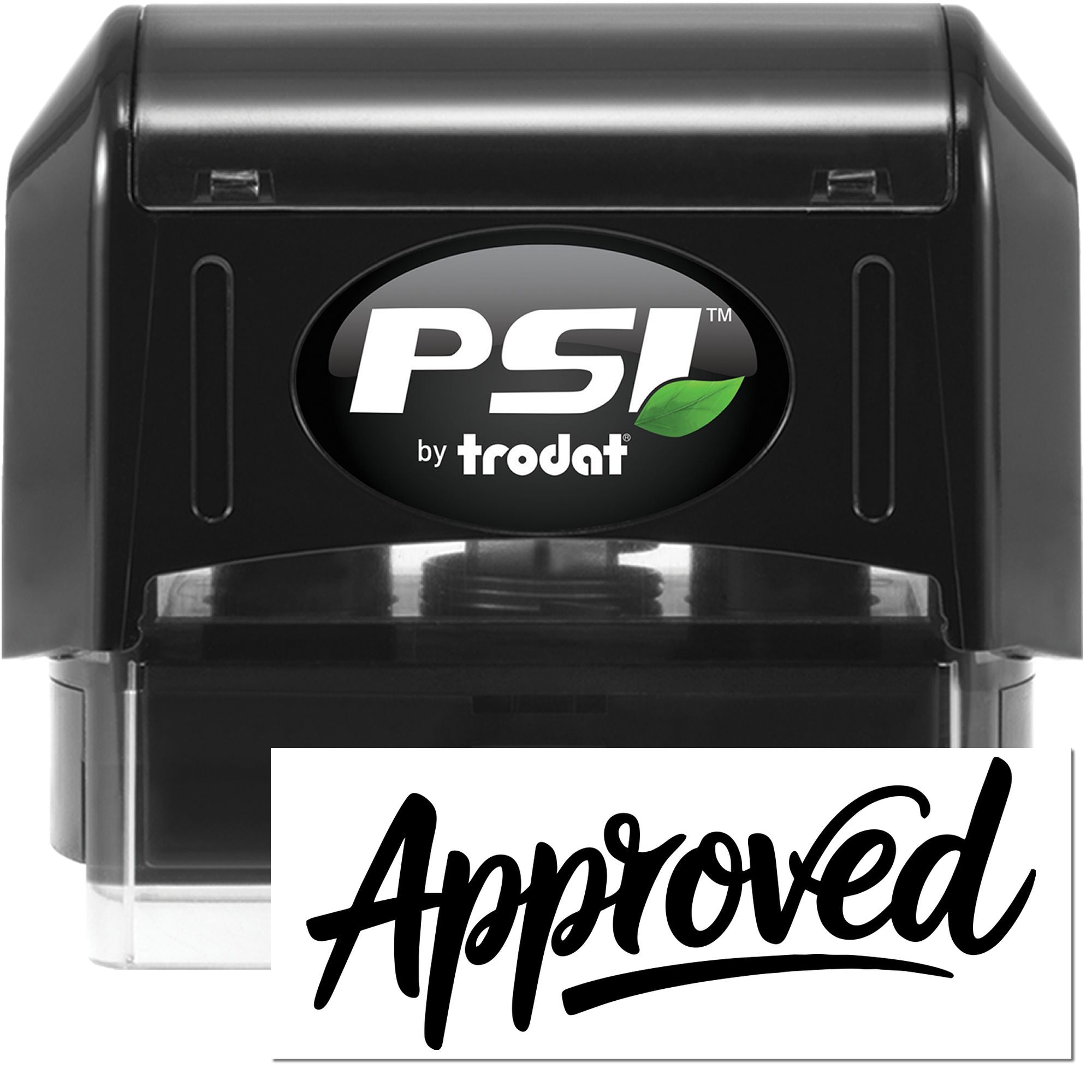 Black PSI by trodat self-inking stamp and seal with green leaf logo and Approved imprint