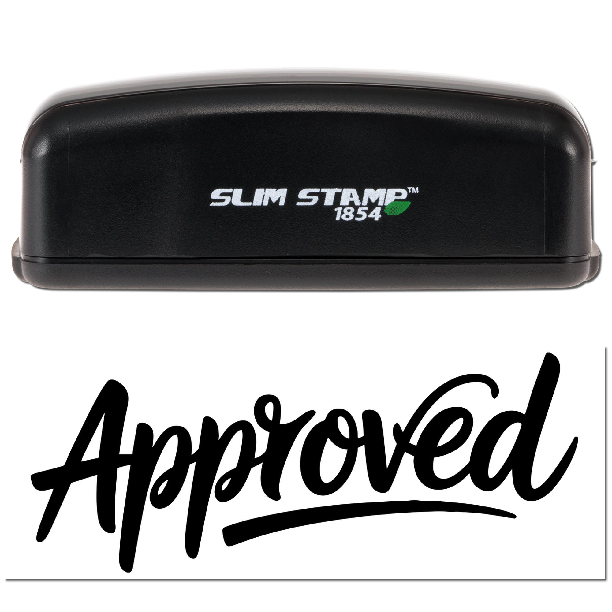 Black Slim Stamp 1854 self-inking stamp with green leaf logo and bold black Approved seal on white background.