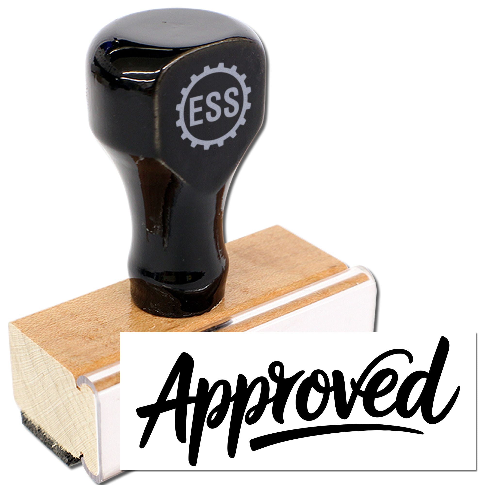 Black ESS rubber stamp with wooden handle and white Approved seal