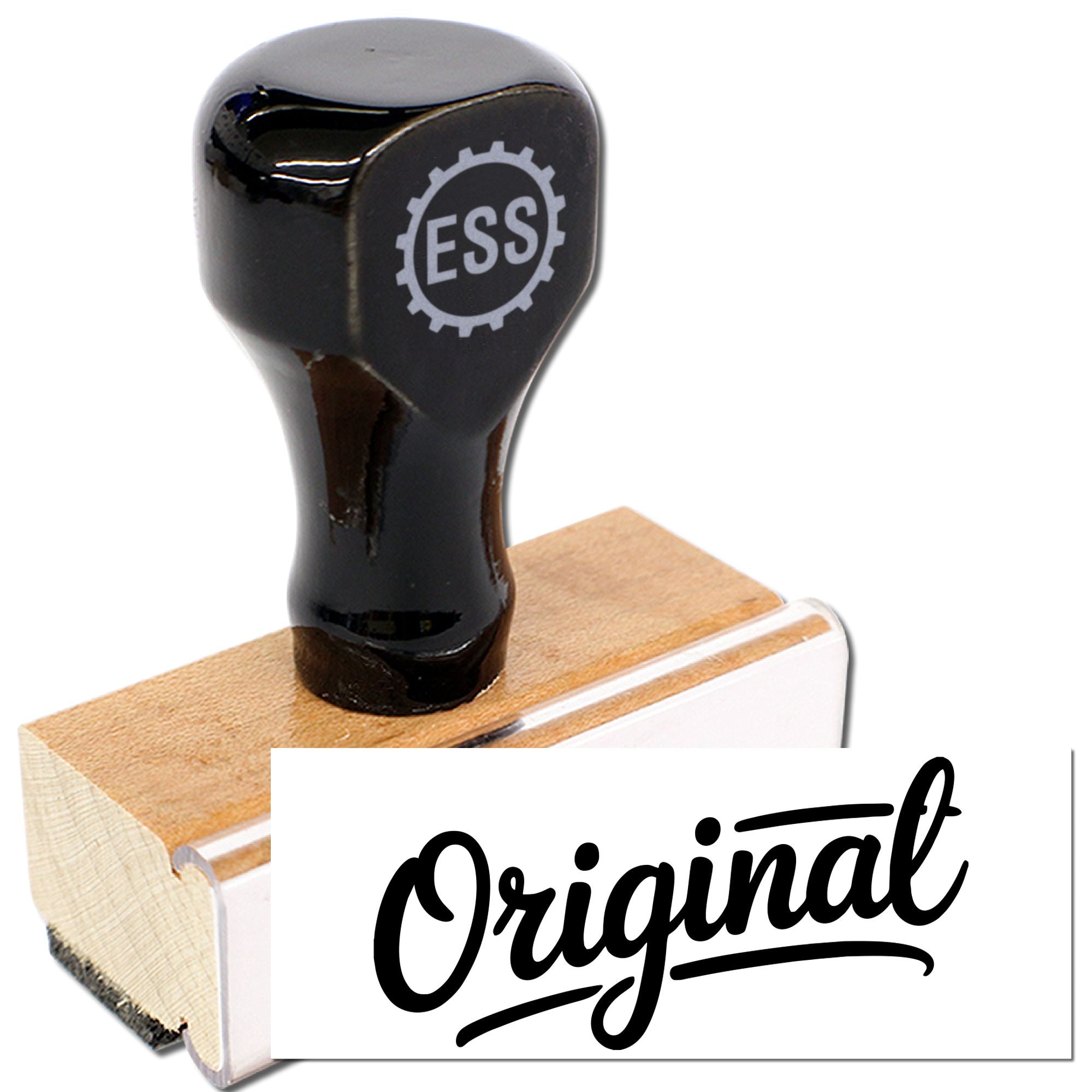 Black ESS stamp seal with wooden handle and white Original imprint card