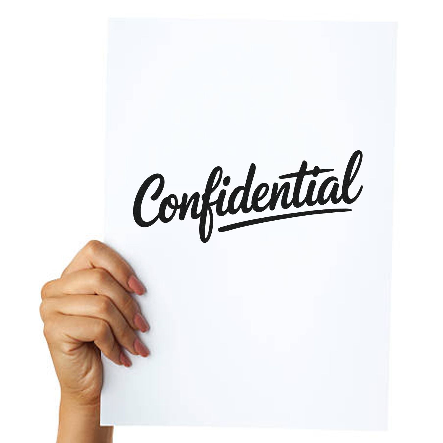 Hand holding white sheet with black Confidential stamp seal in bold script for secure documents.