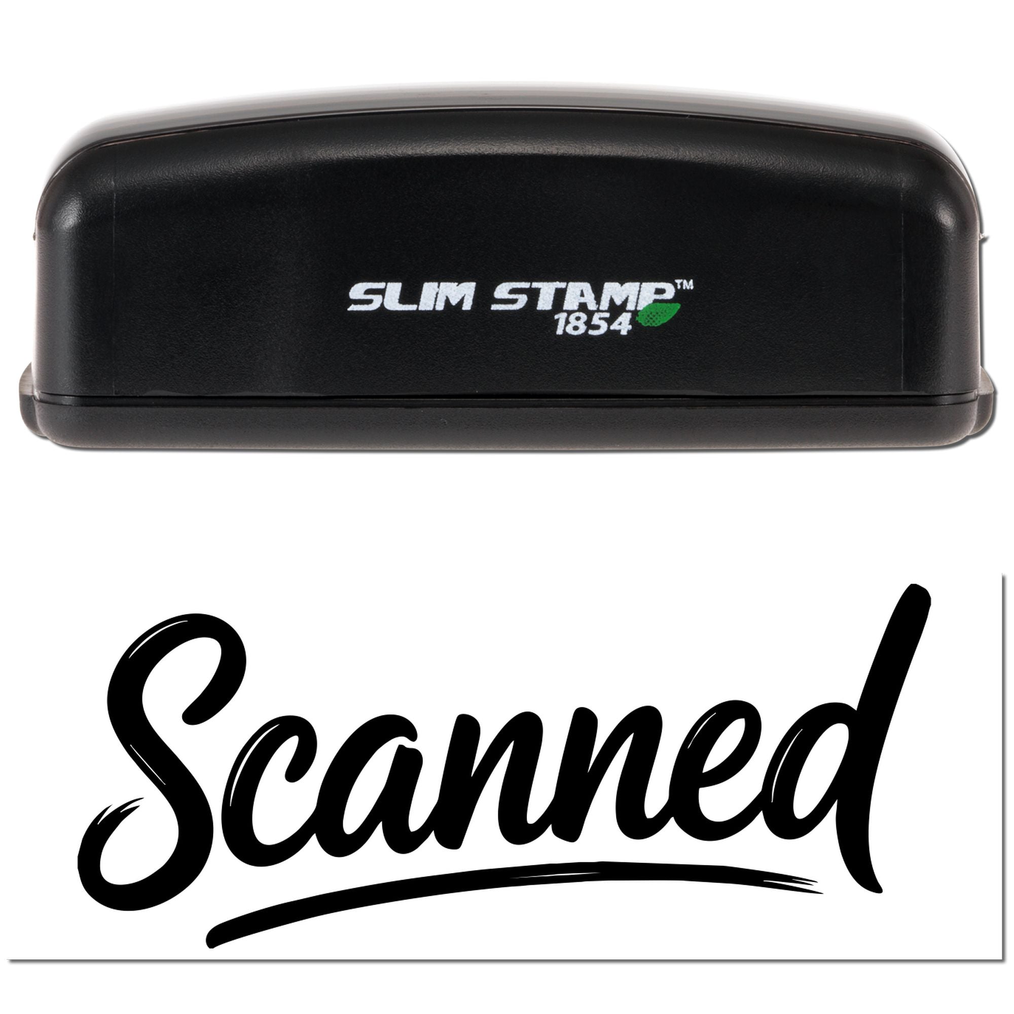 Black Slim Stamp 1854 custom stamp and seal with green leaf logo and bold Scanned text on white background.