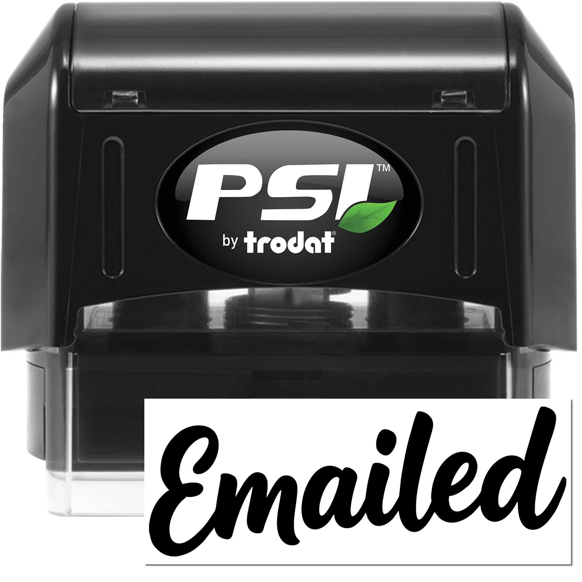 Black PSI by Trodat self-inking stamp and seal with green leaf logo, showing an Emailed impression.