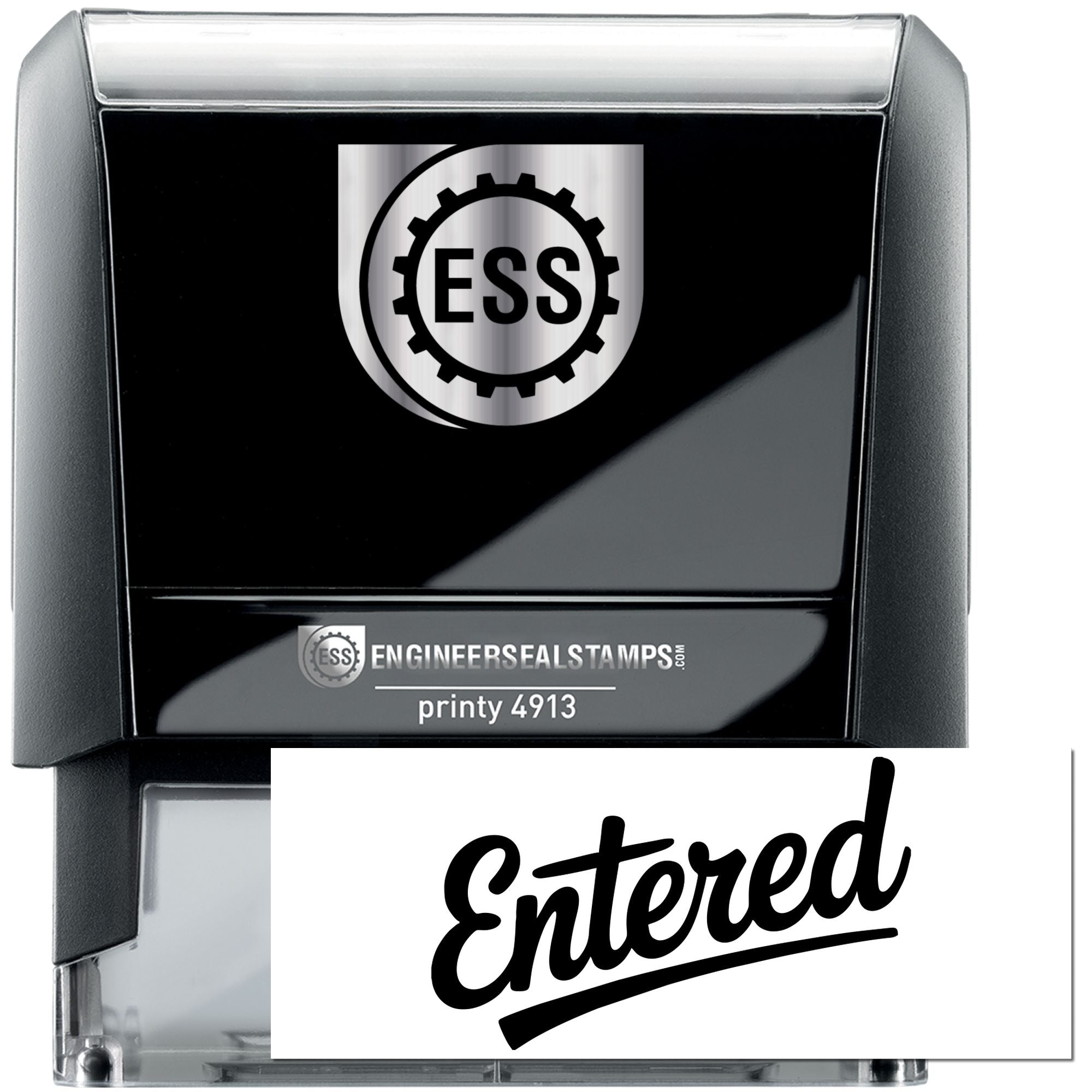 Black self-inking stamp and seal with ESS logo, silver trim, and bold Entered imprint.
