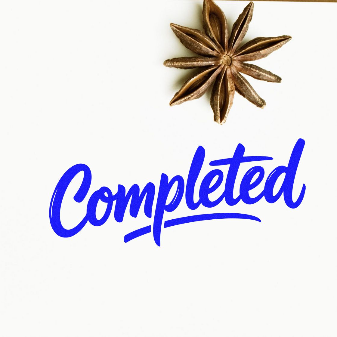 Blue Completed rubber stamp with brown star anise seal on white background