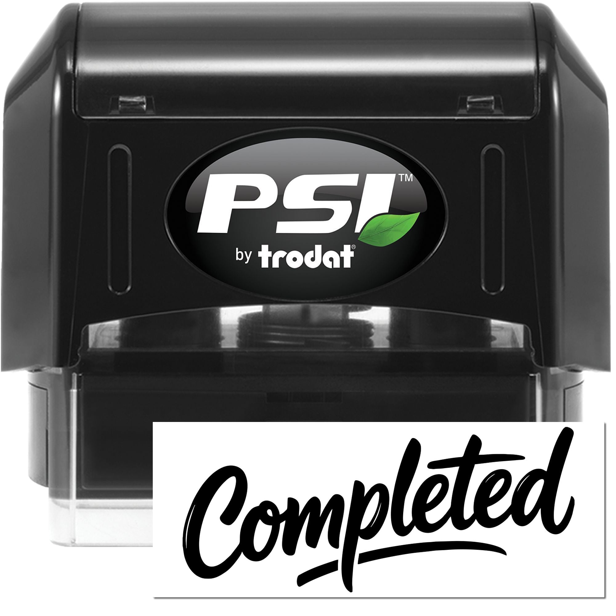 Black PSI by Trodat self-inking stamp with green leaf logo and white Completed seal impression on black and white design.