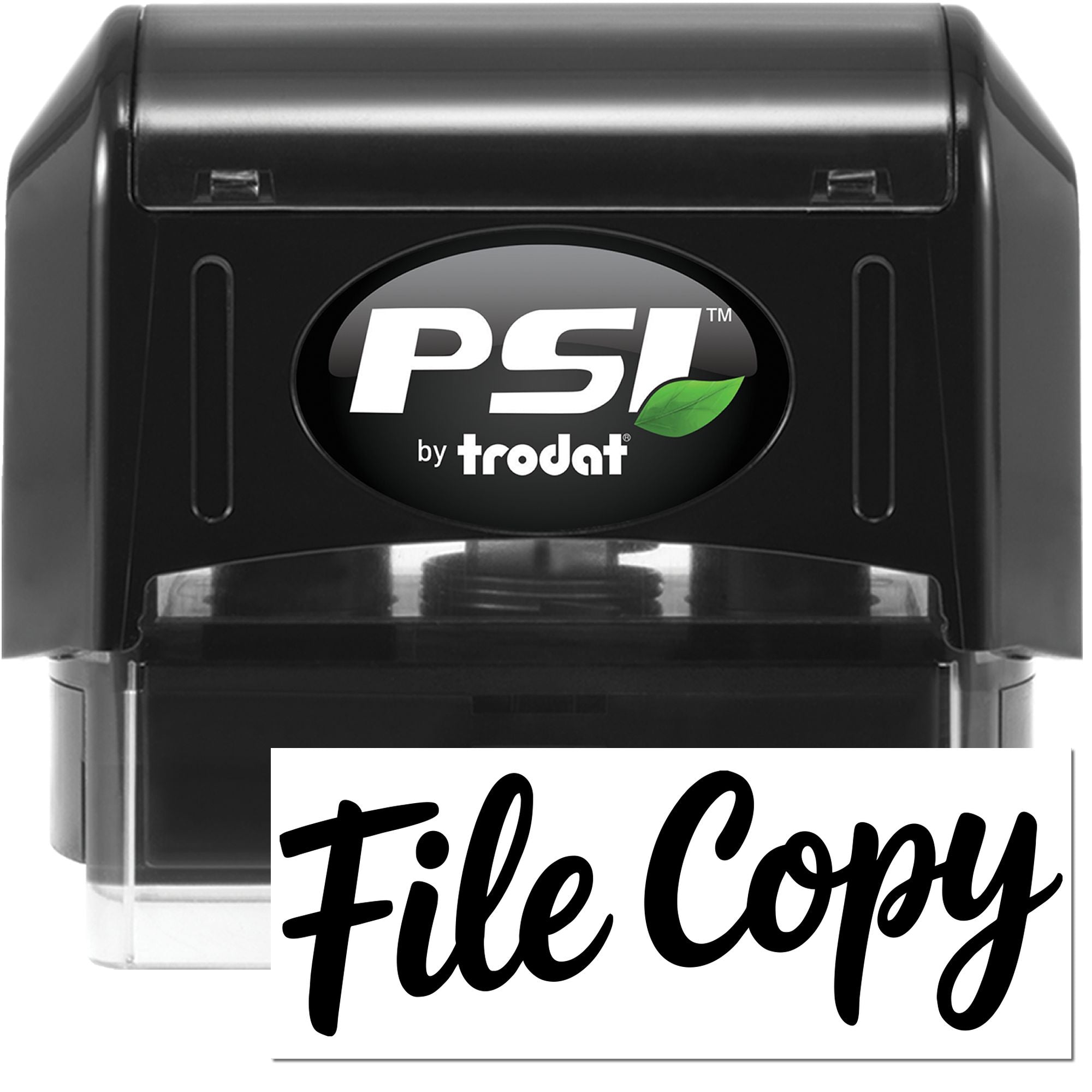 Black PSI by Trodat self-inking stamp, black with green leaf logo and white File Copy imprint.