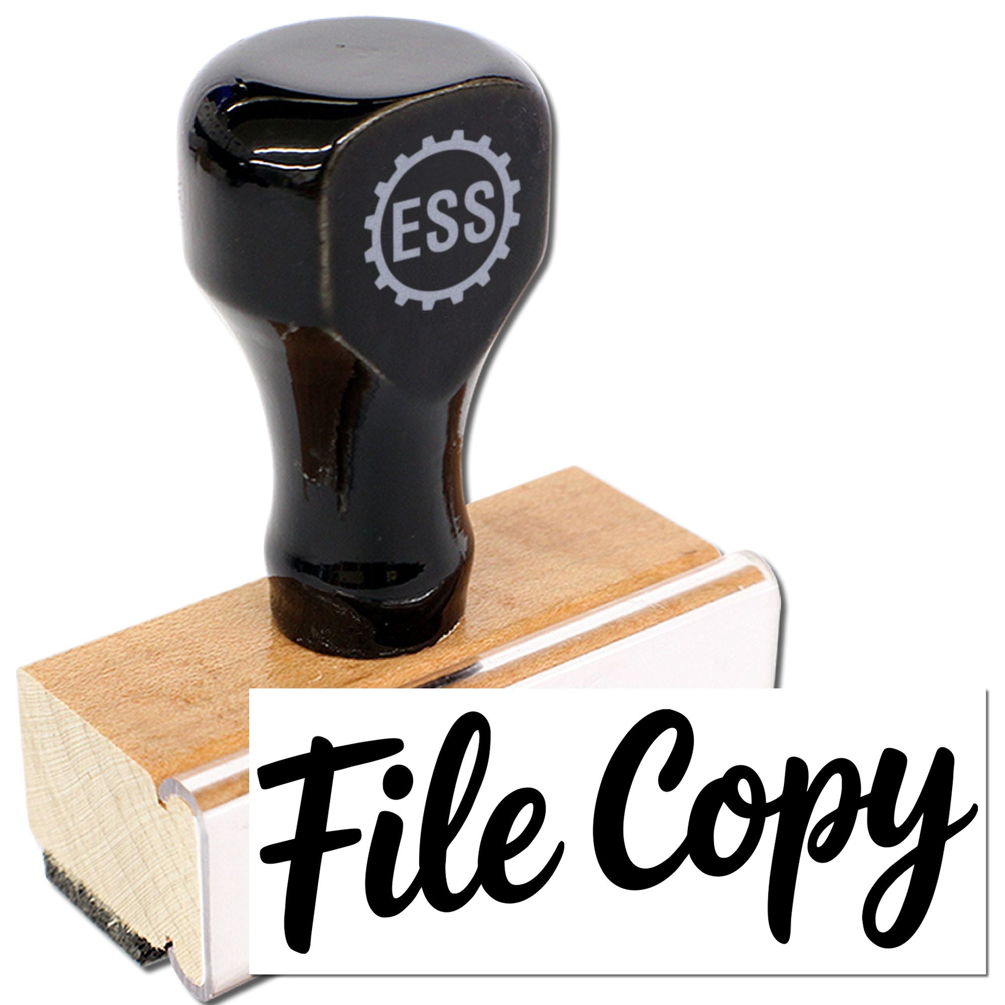 Glossy black ESS rubber stamp on a wooden base with a white File Copy seal impression card