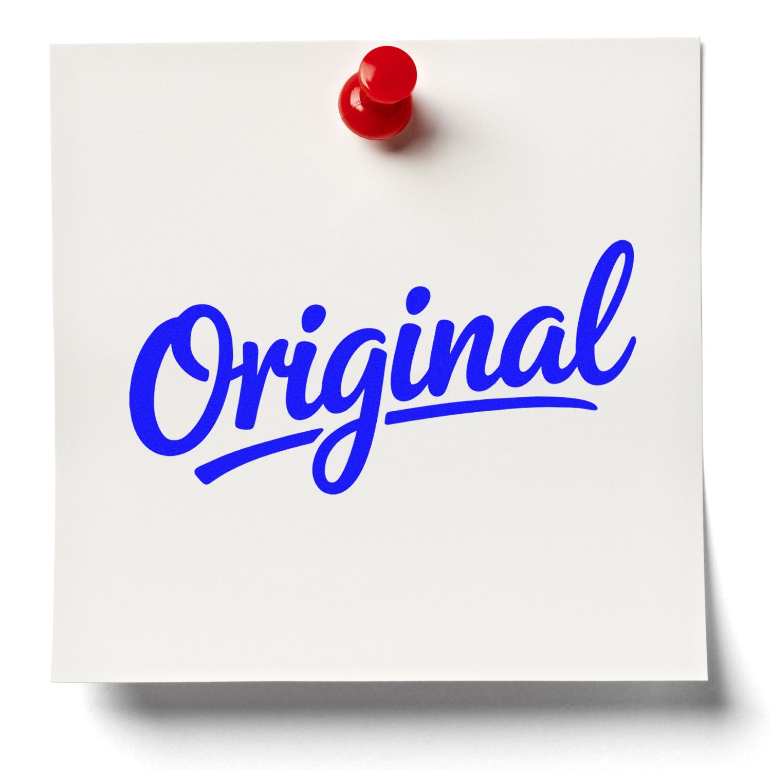Blue Original seal stamp on white paper, pinned with a red push pin.
