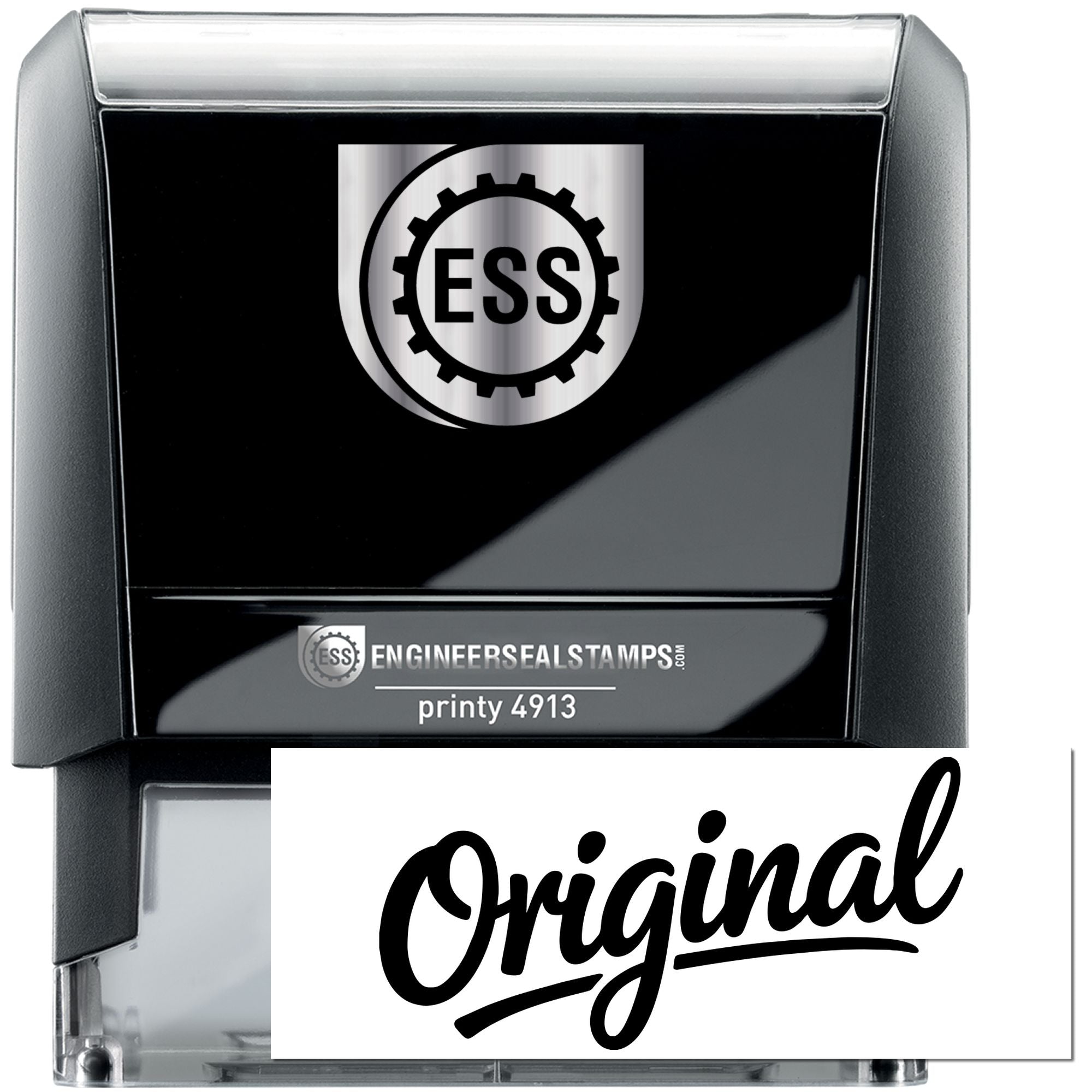 Black and silver ESS self-inking engineer seal stamp with Original imprint and gear logo on glossy black case.