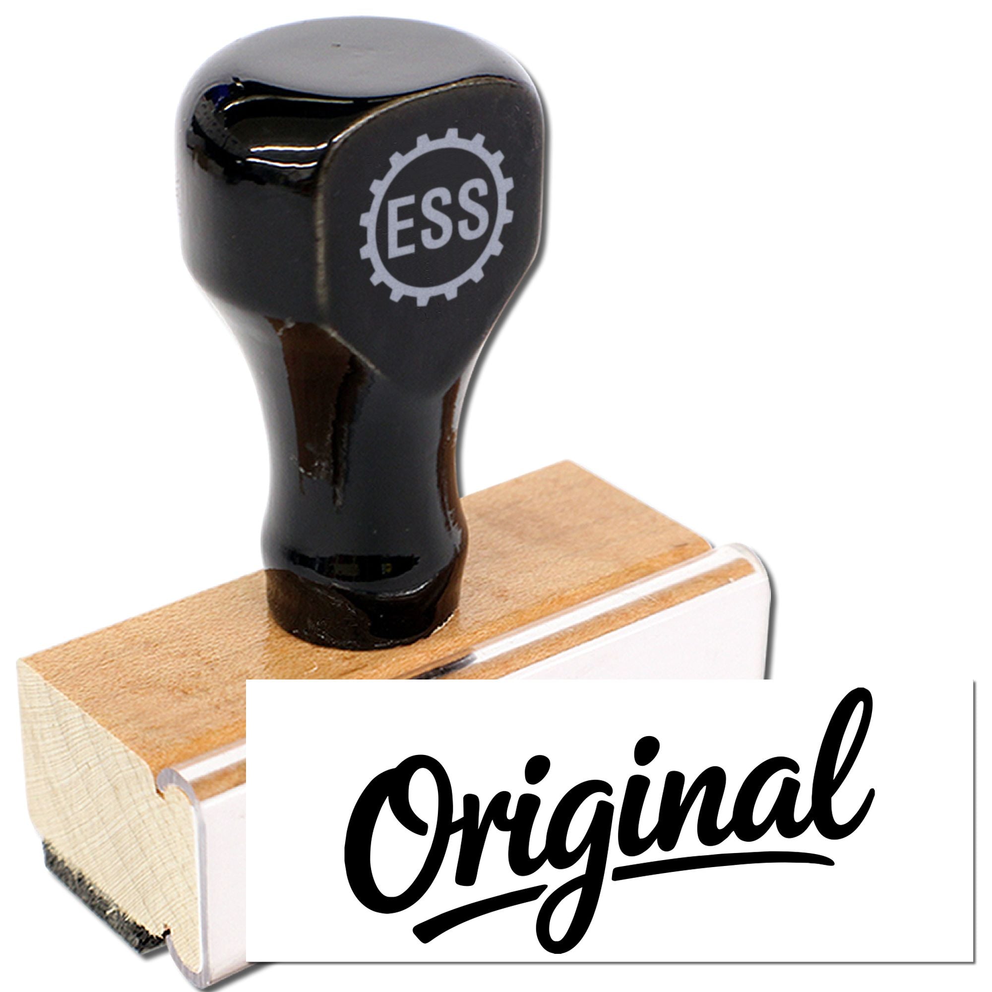 Black rubber stamp on a wooden block with white Original seal imprint