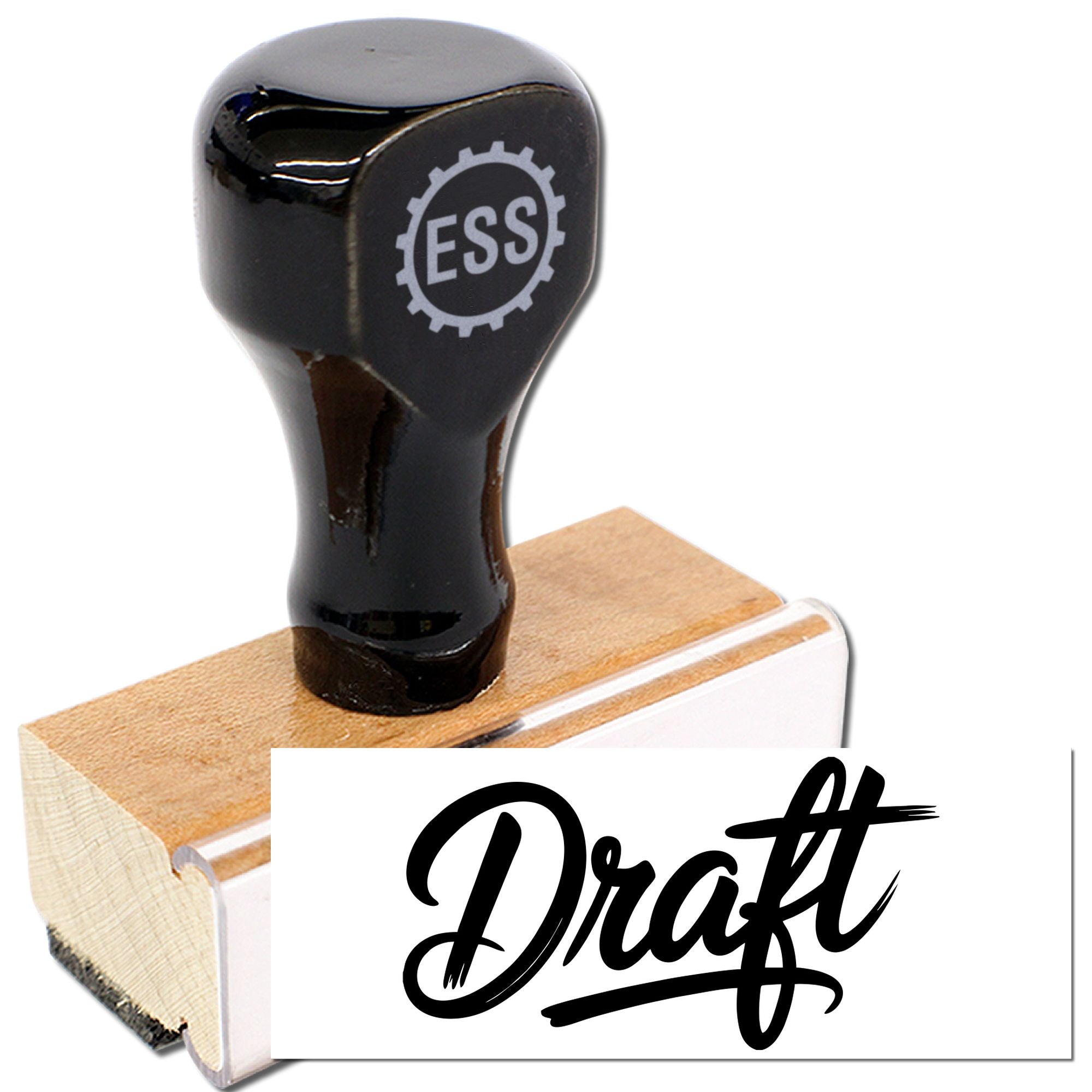 Black ESS rubber stamp and seal with wooden base, showing bold Draft imprint on white background