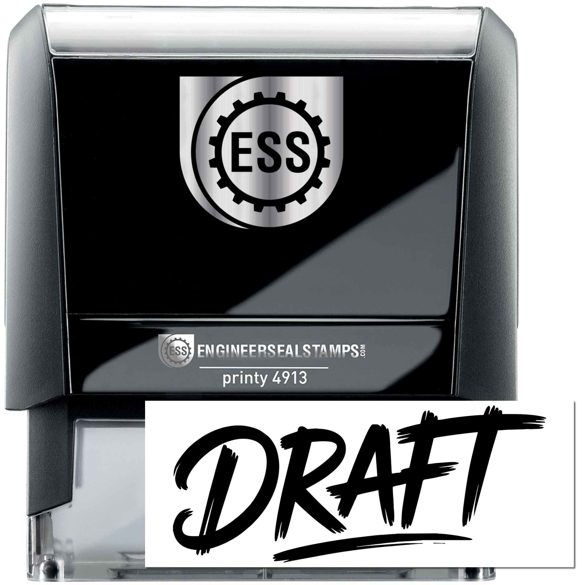 Black self-inking engineer seal stamp with silver top, ESS logo, and bold DRAFT imprint on white insert.
