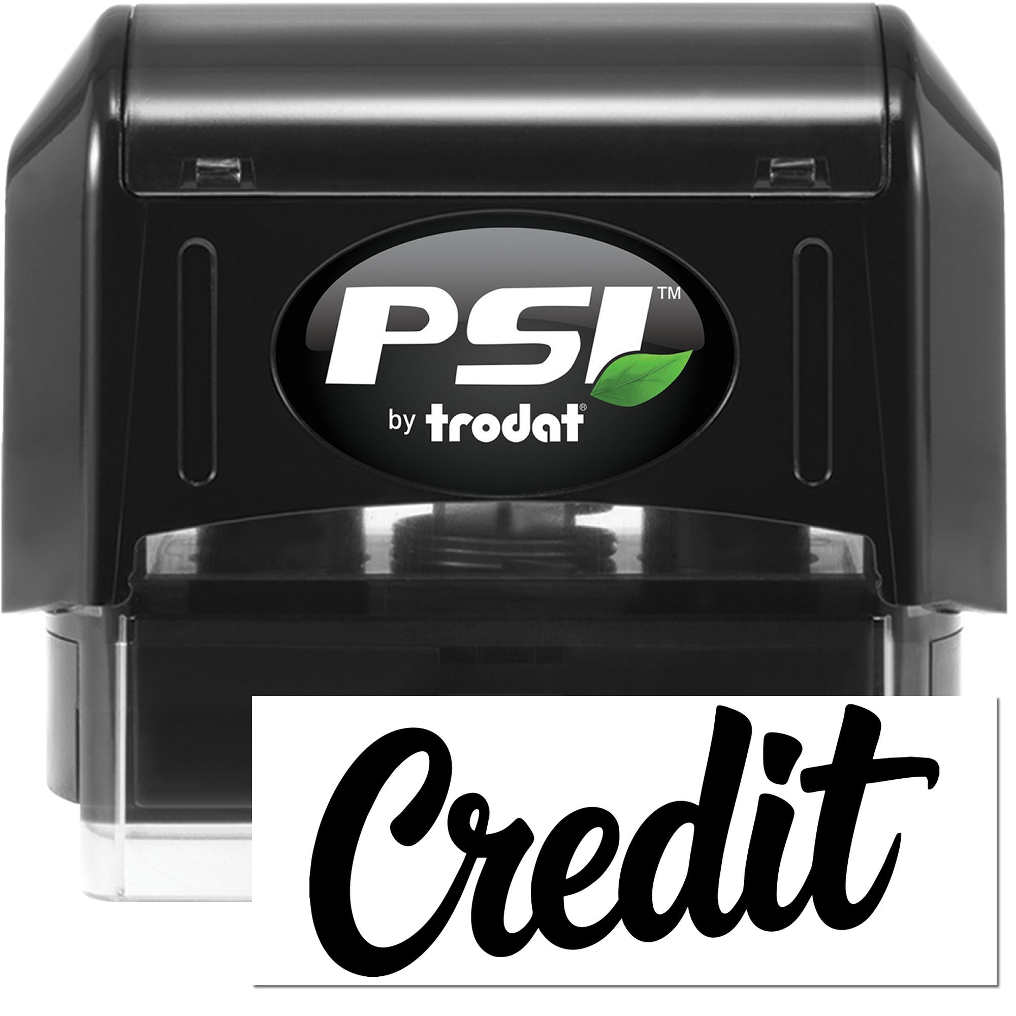 Black PSI by Trodat self-inking stamp and custom Credit seal insert with clear base