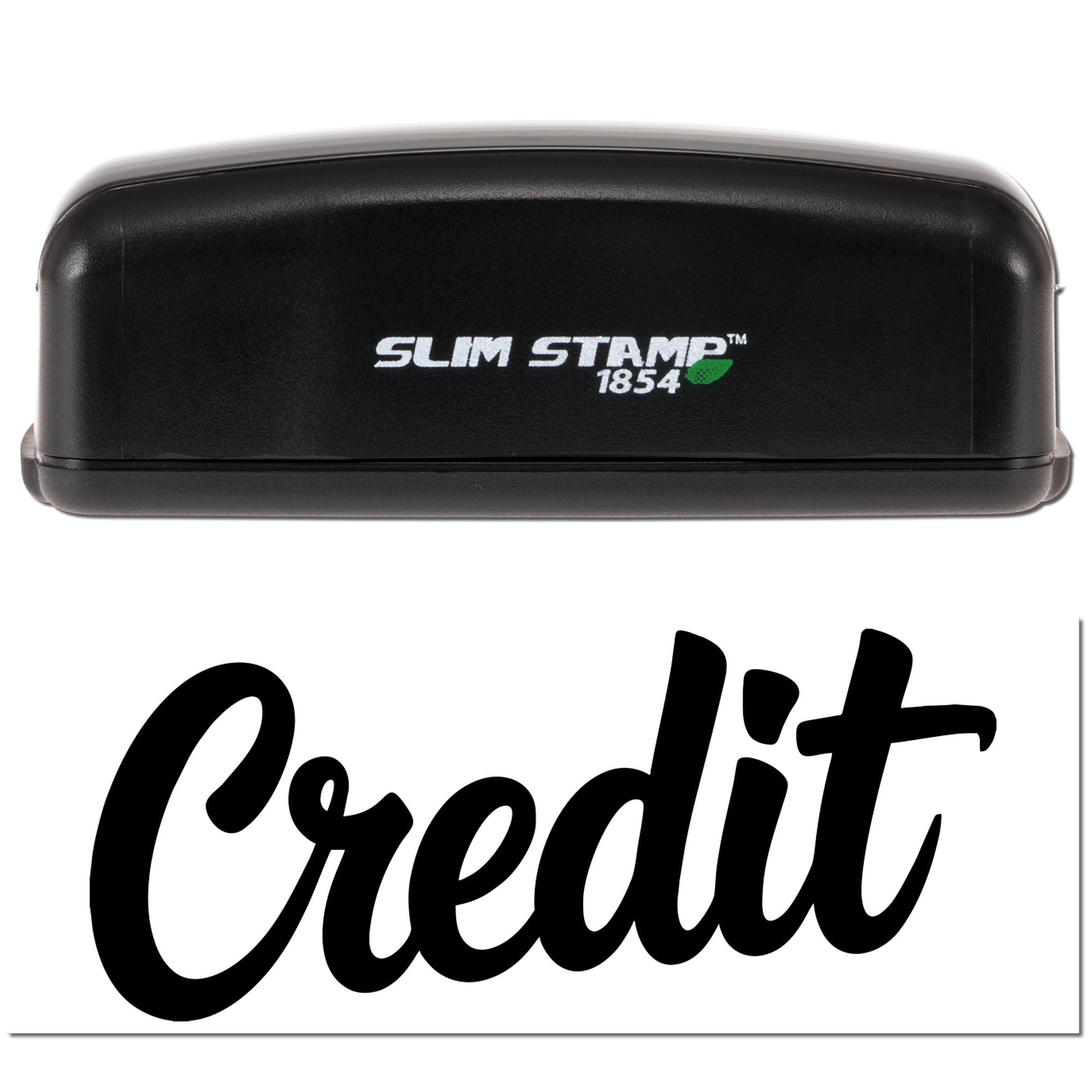 Black Slim Stamp 1854 embossing seal with white logo, green leaf accent, and bold black Credit imprint sample.