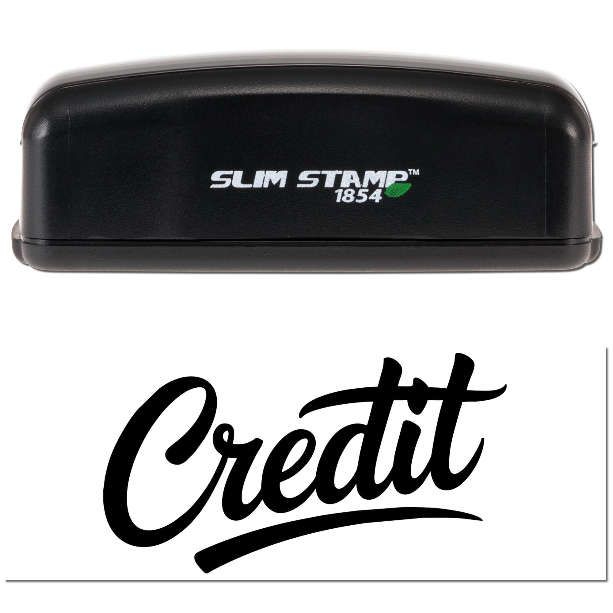 Black Slim Stamp 1854 self-inking stamp with green leaf logo and bold black Credit seal text on white background.