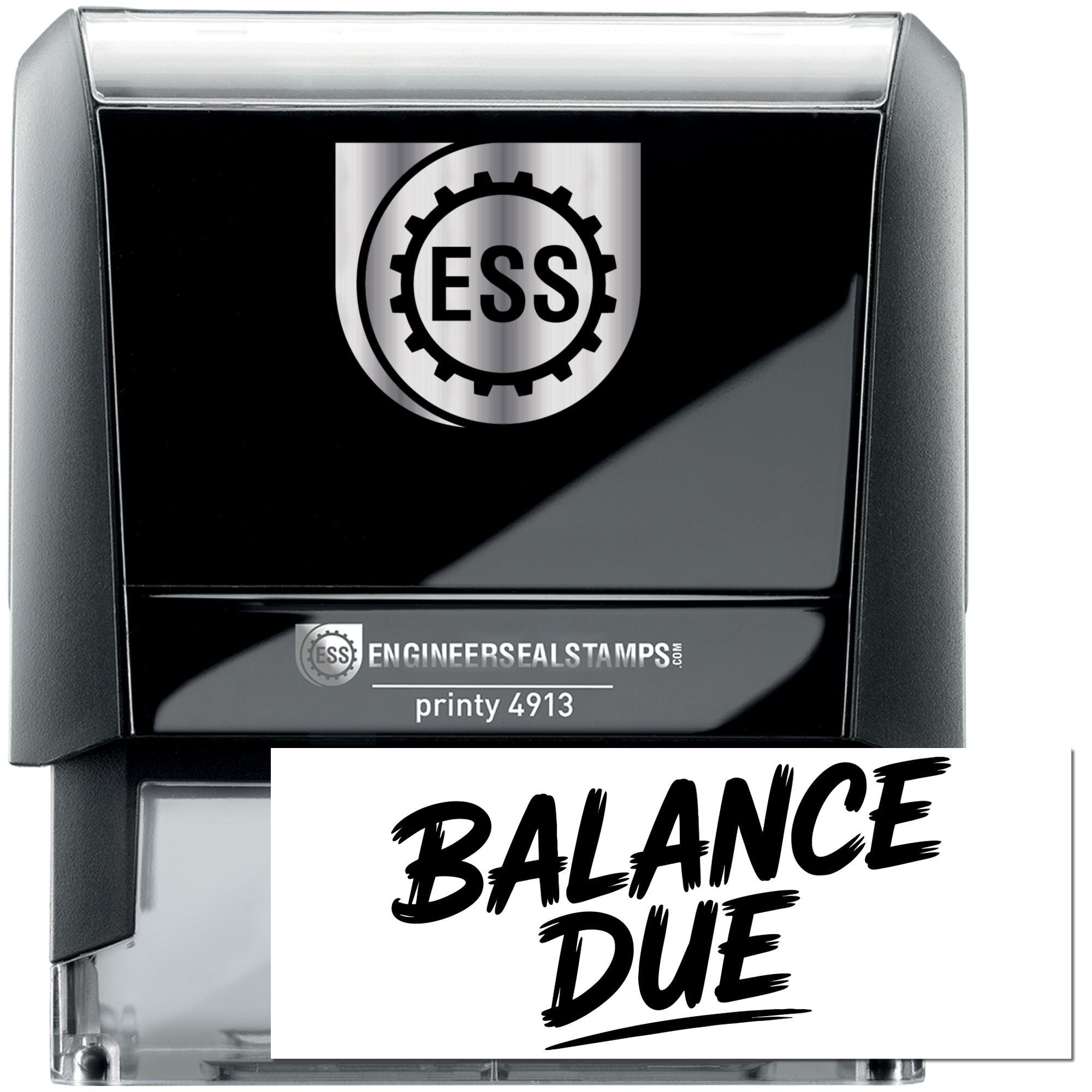 Black and silver self-inking engineer seal stamp with ESS gear logo and Balance Due imprint