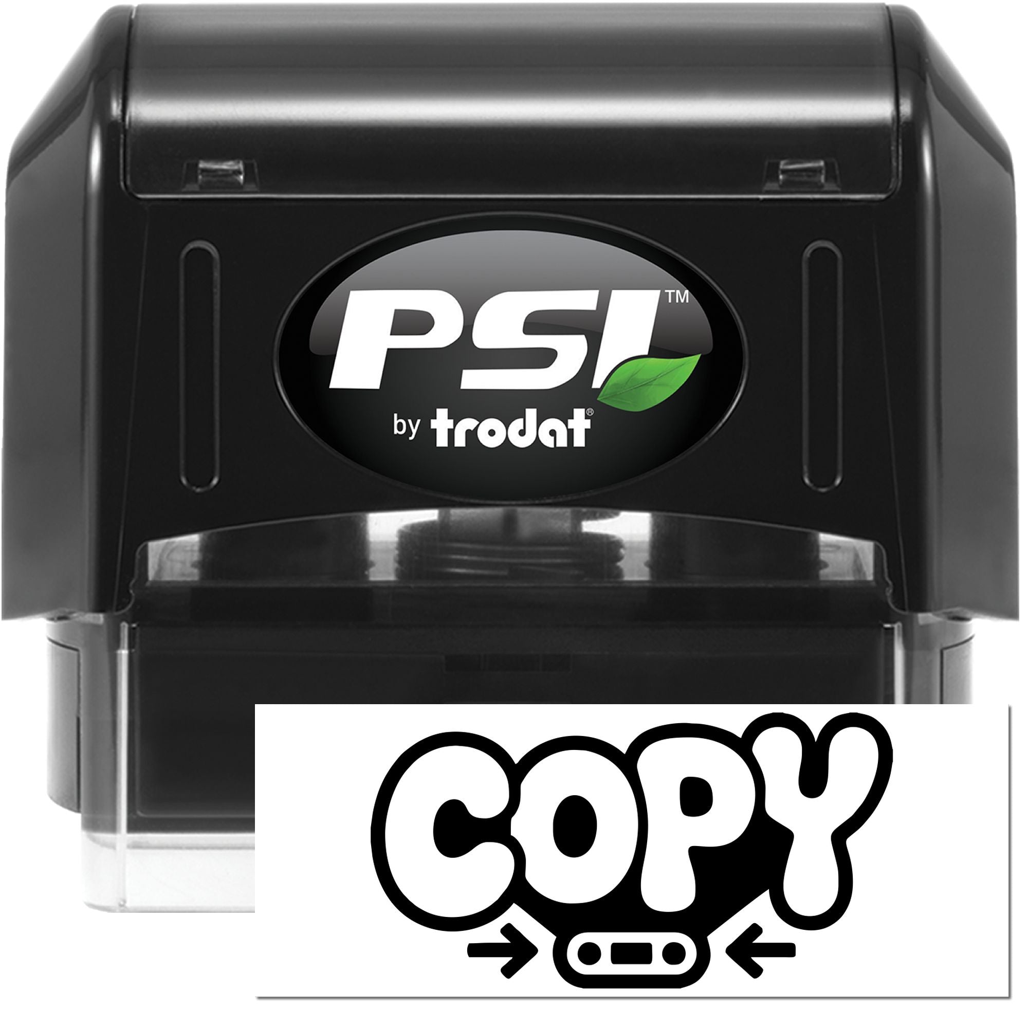 Black PSI by Trodat self-inking stamp and seal with clear base, white logo, green leaf and bold copy mark