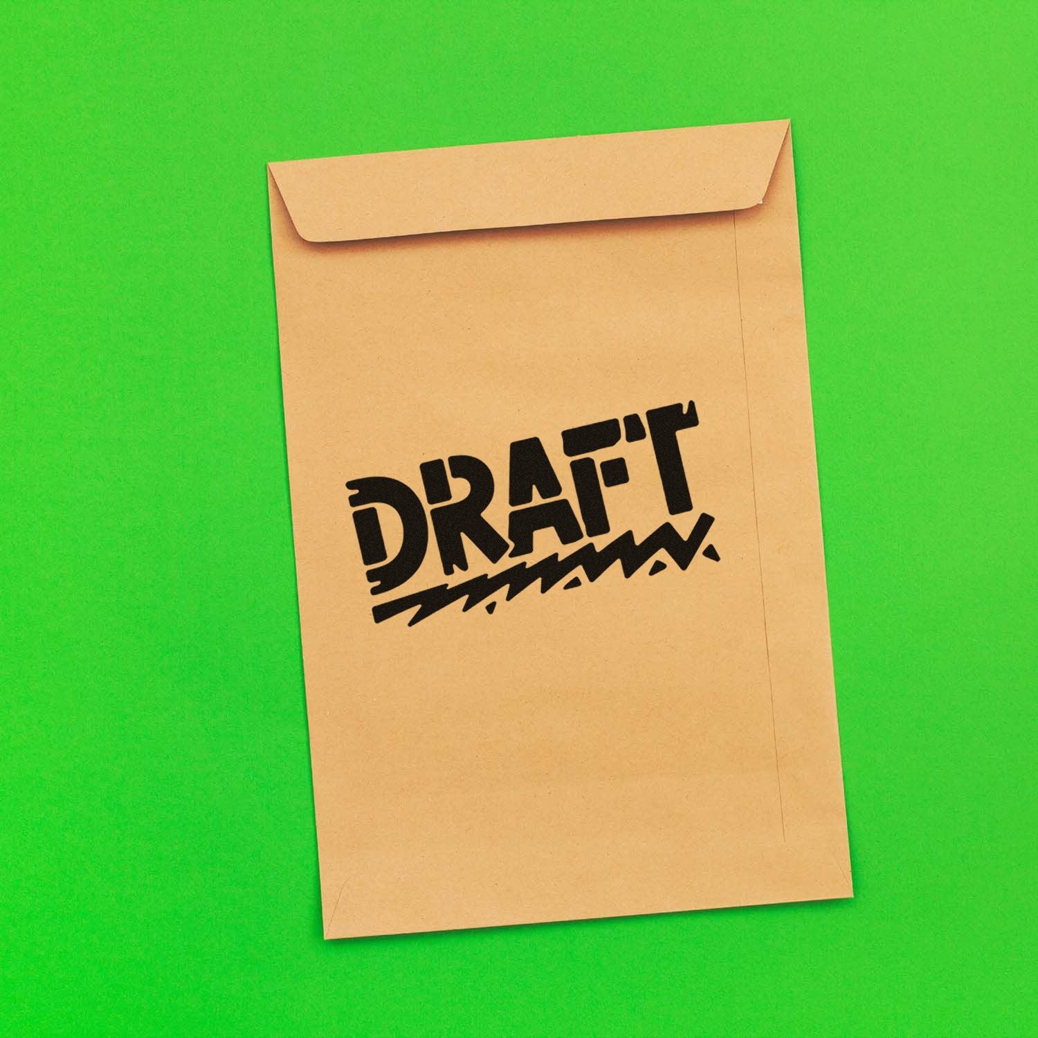 Tan kraft envelope with bold black DRAFT stamp seal on a bright green background.