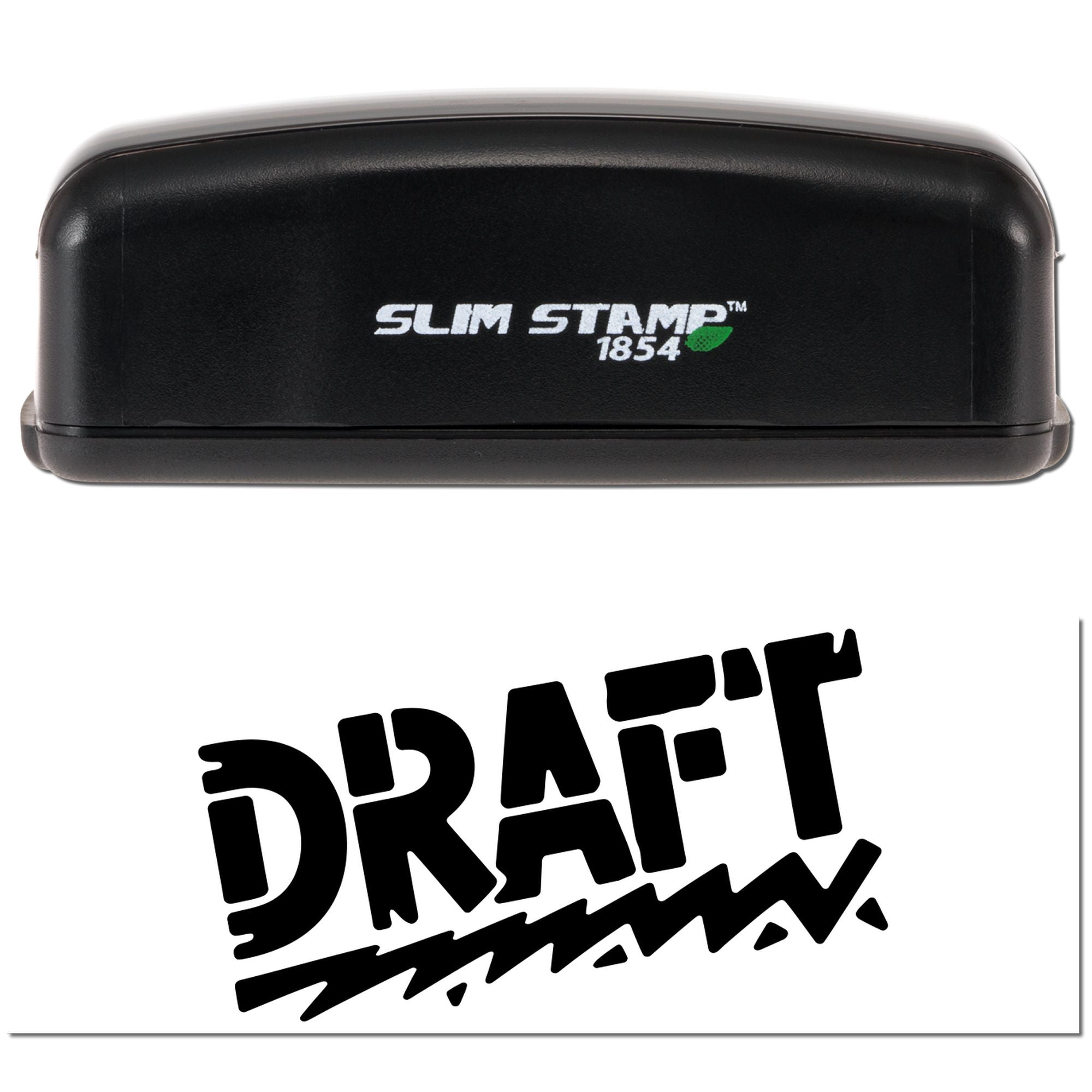 Black Slim Stamp 1854 self-inking stamp case with white logo and green leaf above bold black DRAFT seal on white background
