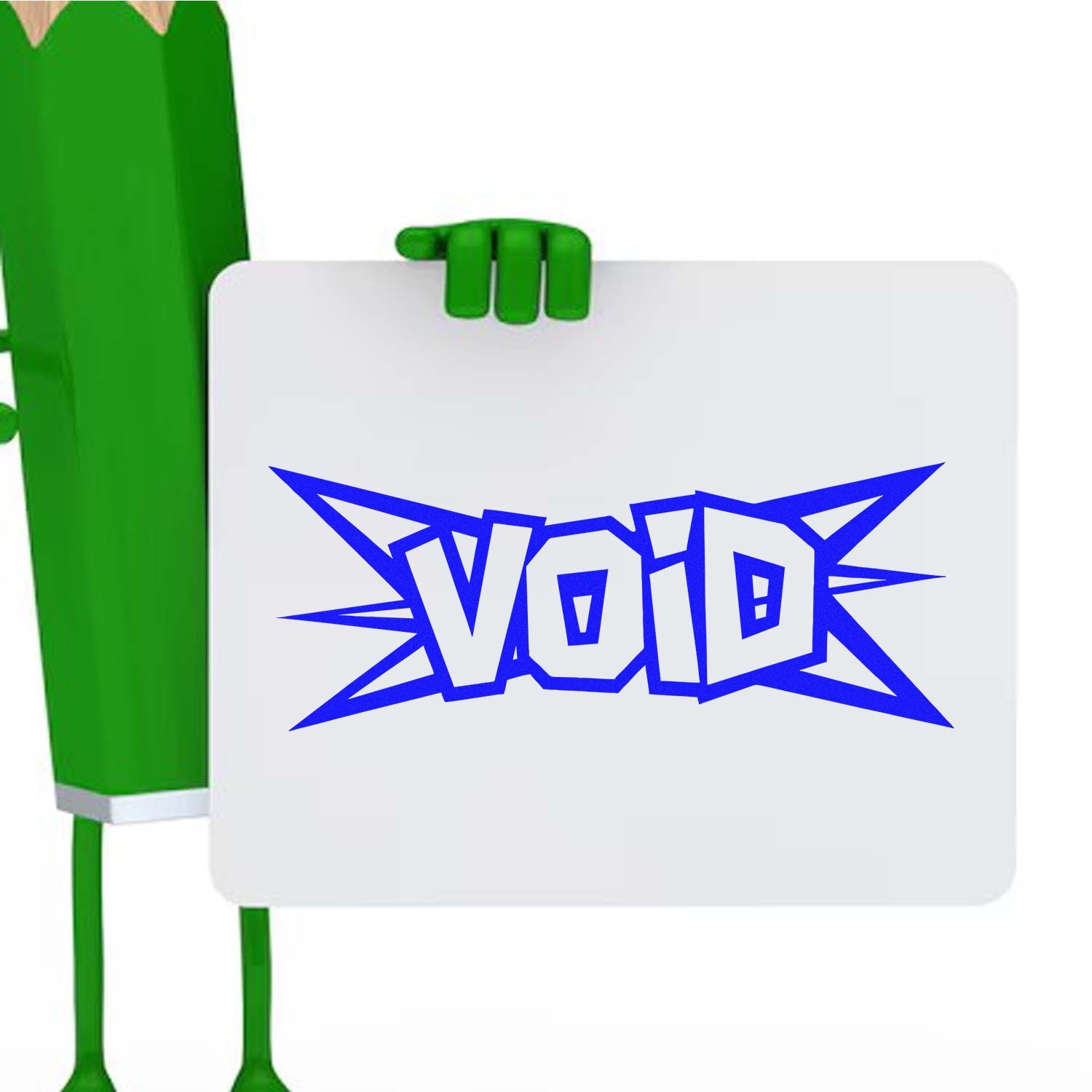 Green stamp and seal mascot holding a white seal with blue VOID text and starburst outline.