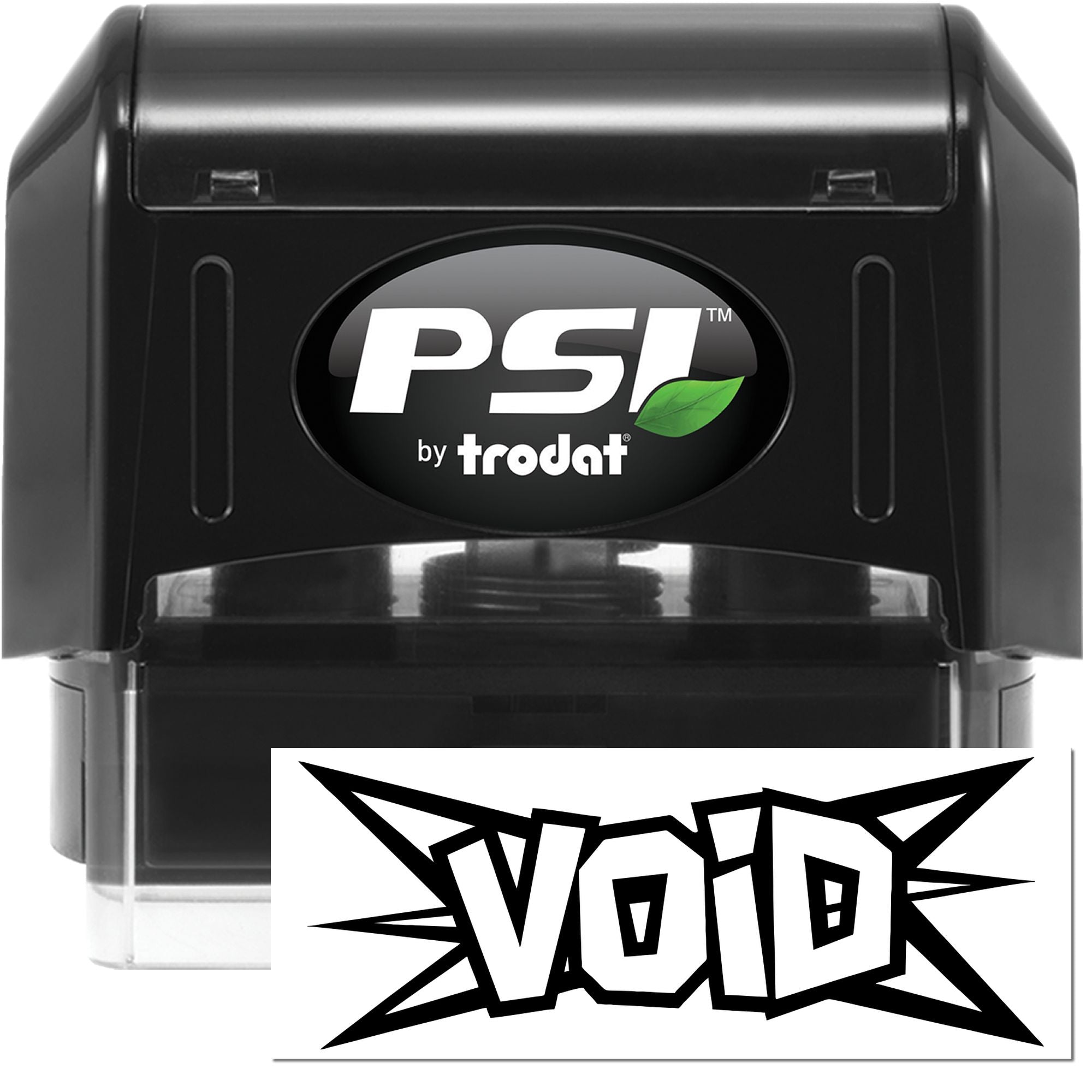Black PSI by Trodat self-inking stamp with transparent base and bold black graffiti-style seal design on white.