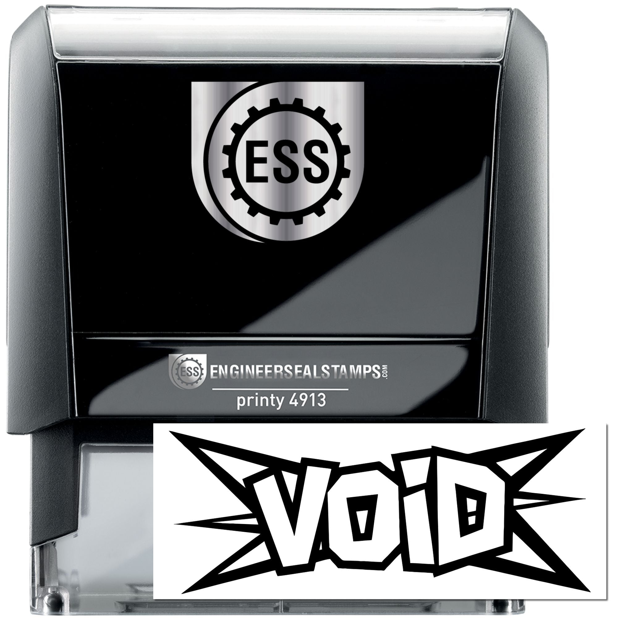 Black self-inking ESS engineer seal stamp with silver top and matching white seal insert, featuring bold black logo.