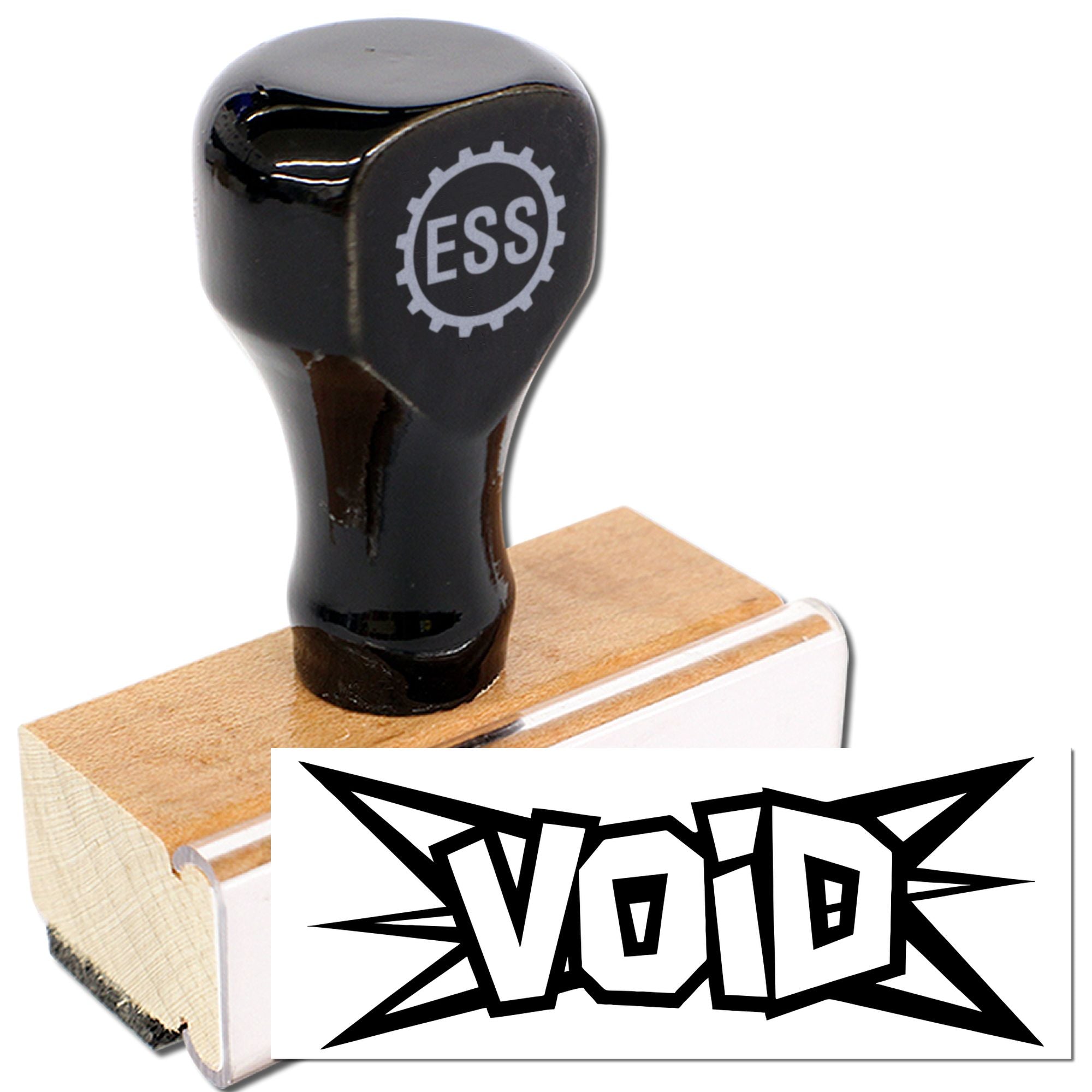 Black ESS stamp and wooden seal with bold VOID seal impression on white background