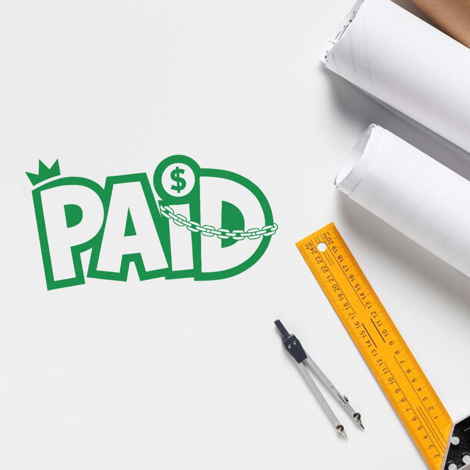Green PAID stamp seal with chain and dollar sign beside a yellow ruler and compass on a white background.